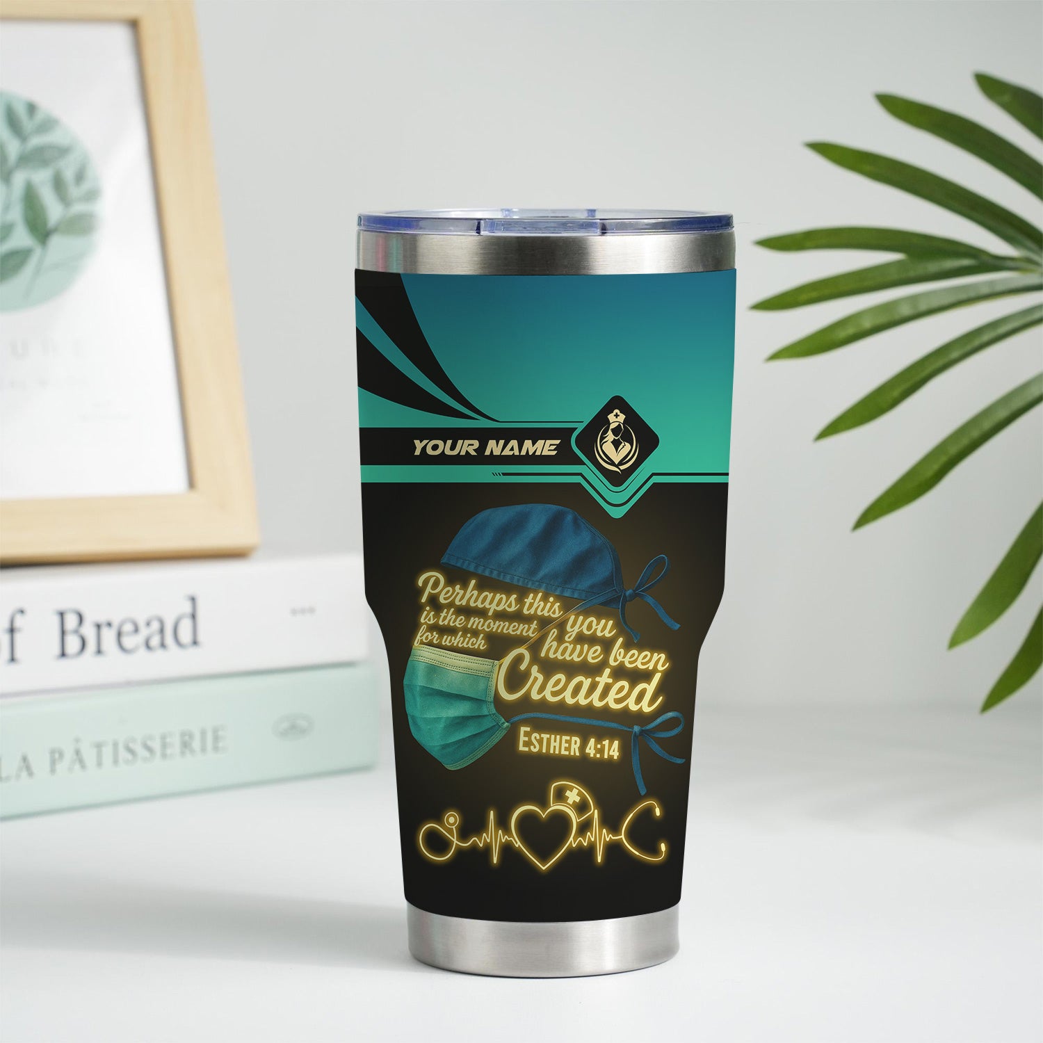 Custom Nurse Tumbler with Mask & Scripture - Perhaps You Were Created for This Moment - RN LPN CNA Gift