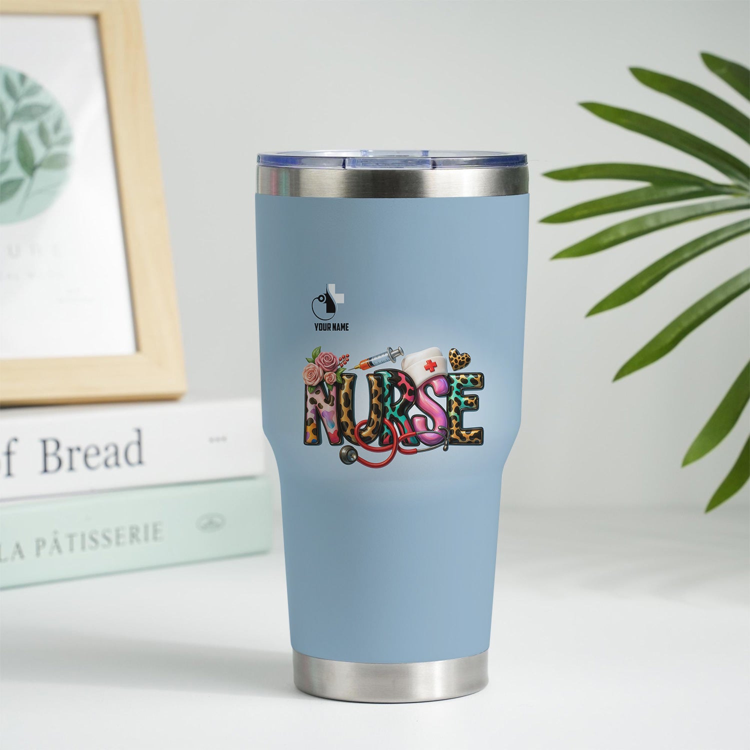 Custom Name Nurse Tumbler - Cute Leopard Lettering and Stethoscope Design - Gift for Registered Nurses CNA RN LPN - Stainless Steel Travel Mug for Healthcare Heroes