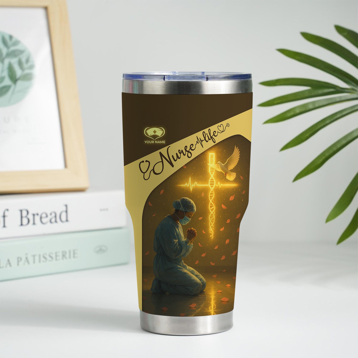 Christian Nurse Tumbler for RN LPN CNA - Personalized Prayer Design with Dove and Cross - Inspirational Gift for Women in Healthcare