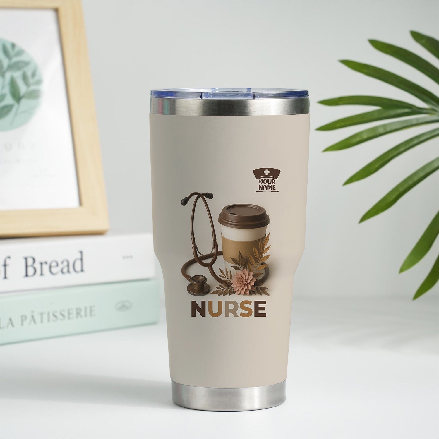 Personalized Nurse Coffee Tumbler - Stethoscope Floral Beige Design - Gift for RN LPN CNA Women