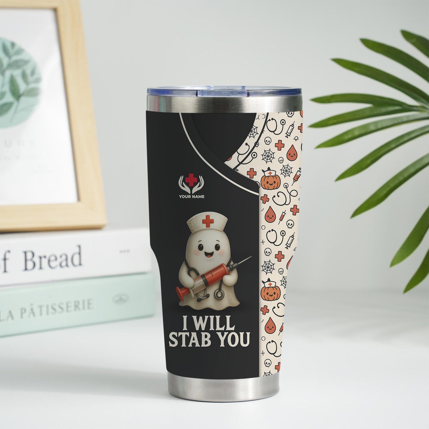 Funny Personalized Halloween Nurse Tumbler - I Will Stab You Quote with Syringe - Custom Name Gift for  RN LPN CNA Healthcare Workers
