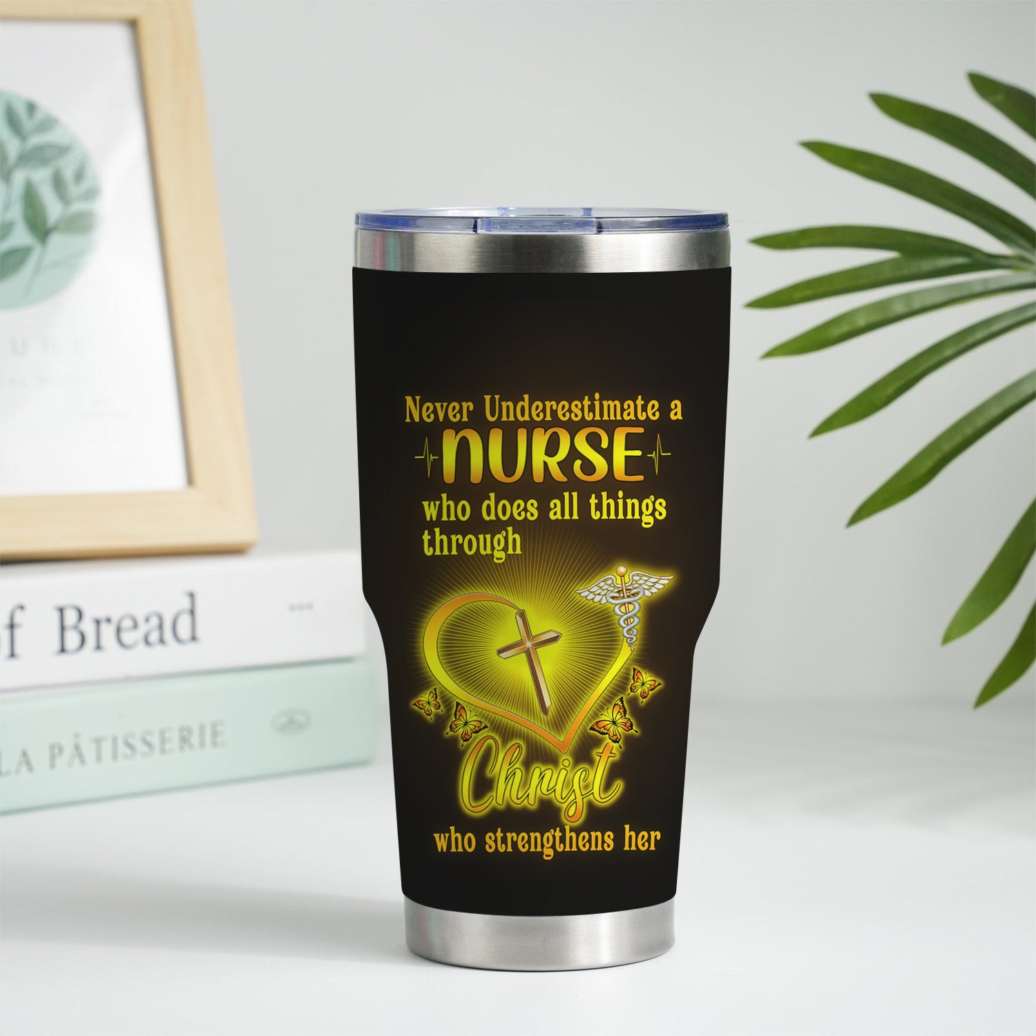 Personalized Religious Nurse Tumbler - Christian Quote with Cross & Butterfly Design - Inspirational Gift for Faithful RN LPN CNA Staff