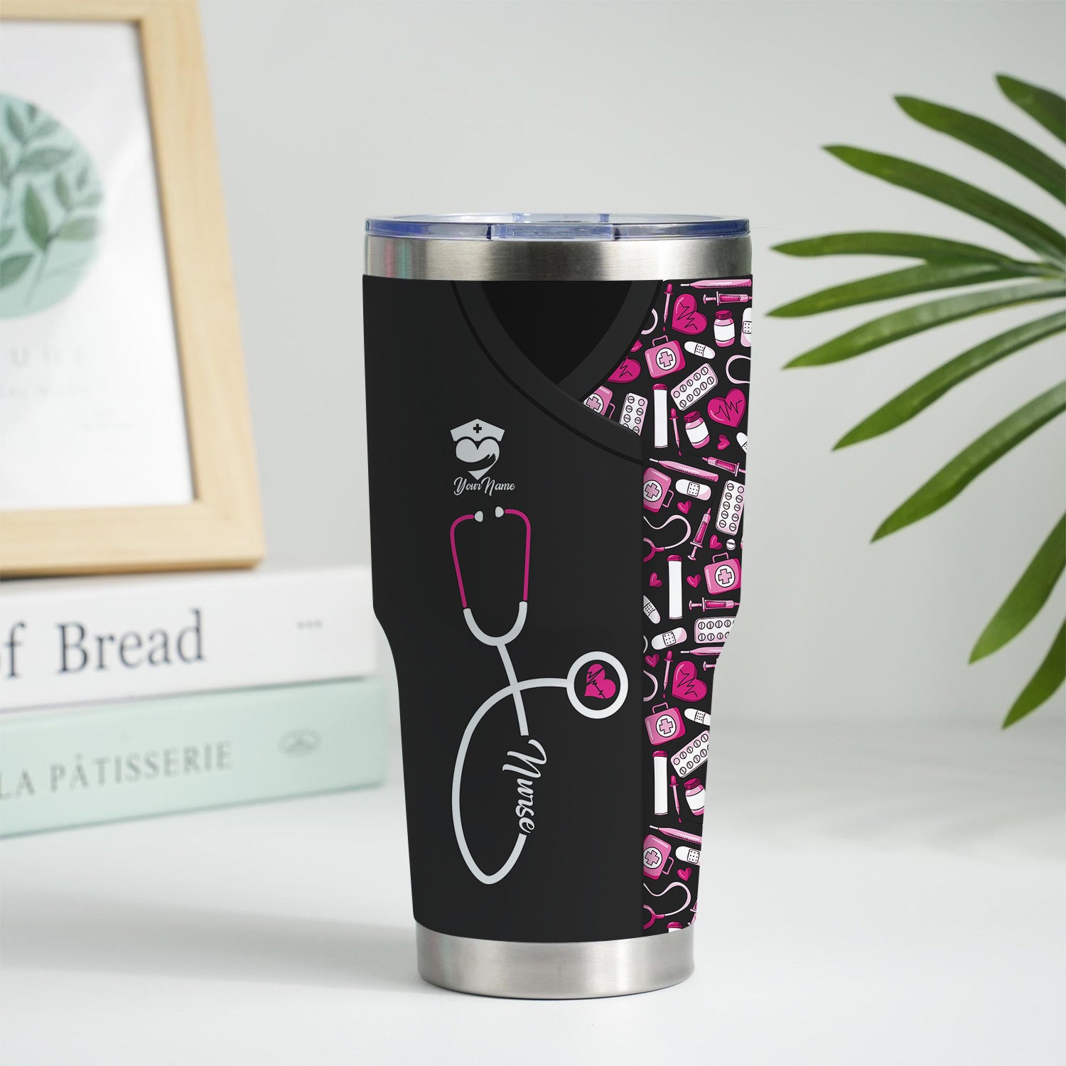 Funny Nurse Tumbler - Stethoscope & Medical Icons Design - Customizable Text Gift for Healthcare Workers, Nurses, LPN, CNA