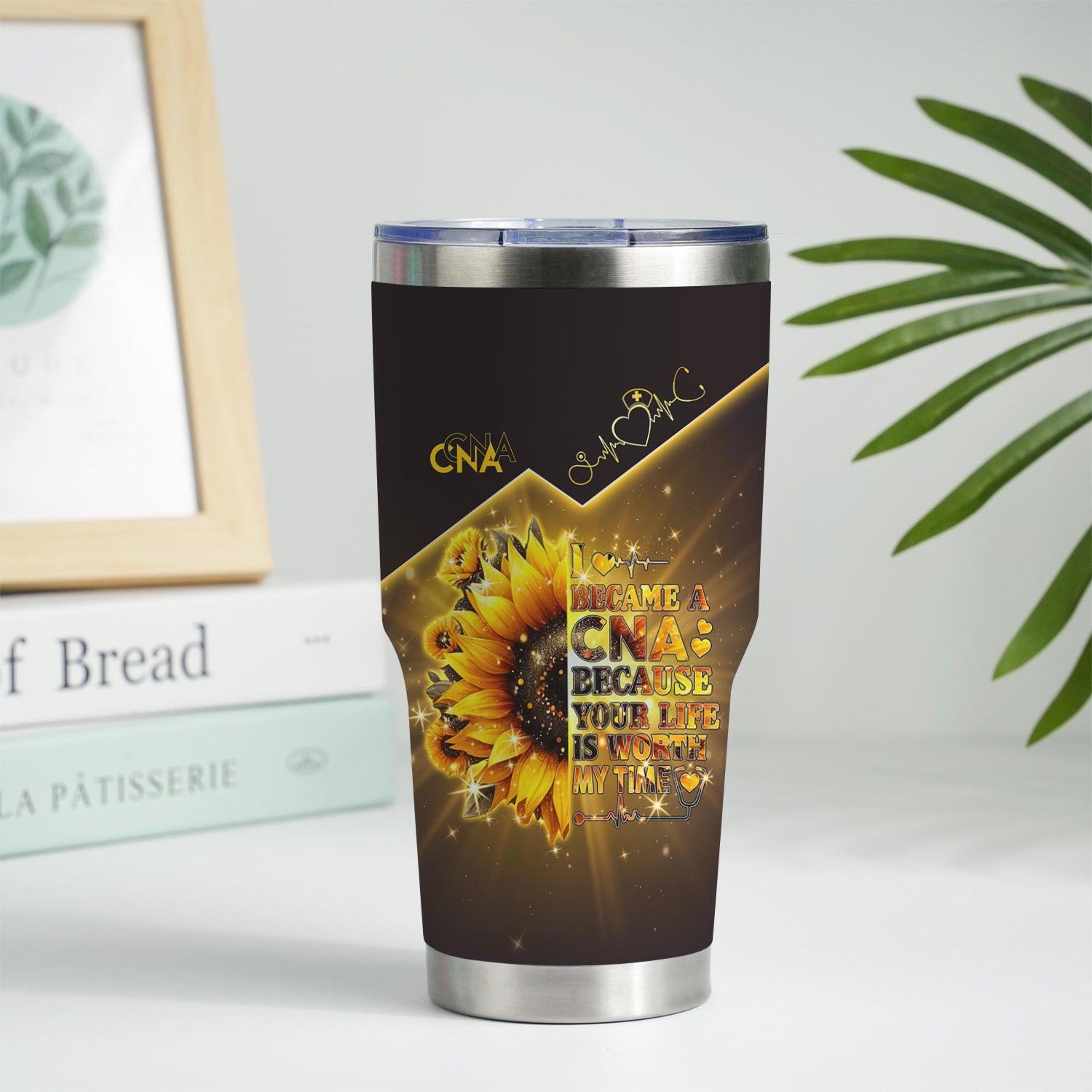 Personalized CNA Floral Tumbler - Stethoscope Sunflower Graphic Design - Gift for RN LPN CNA