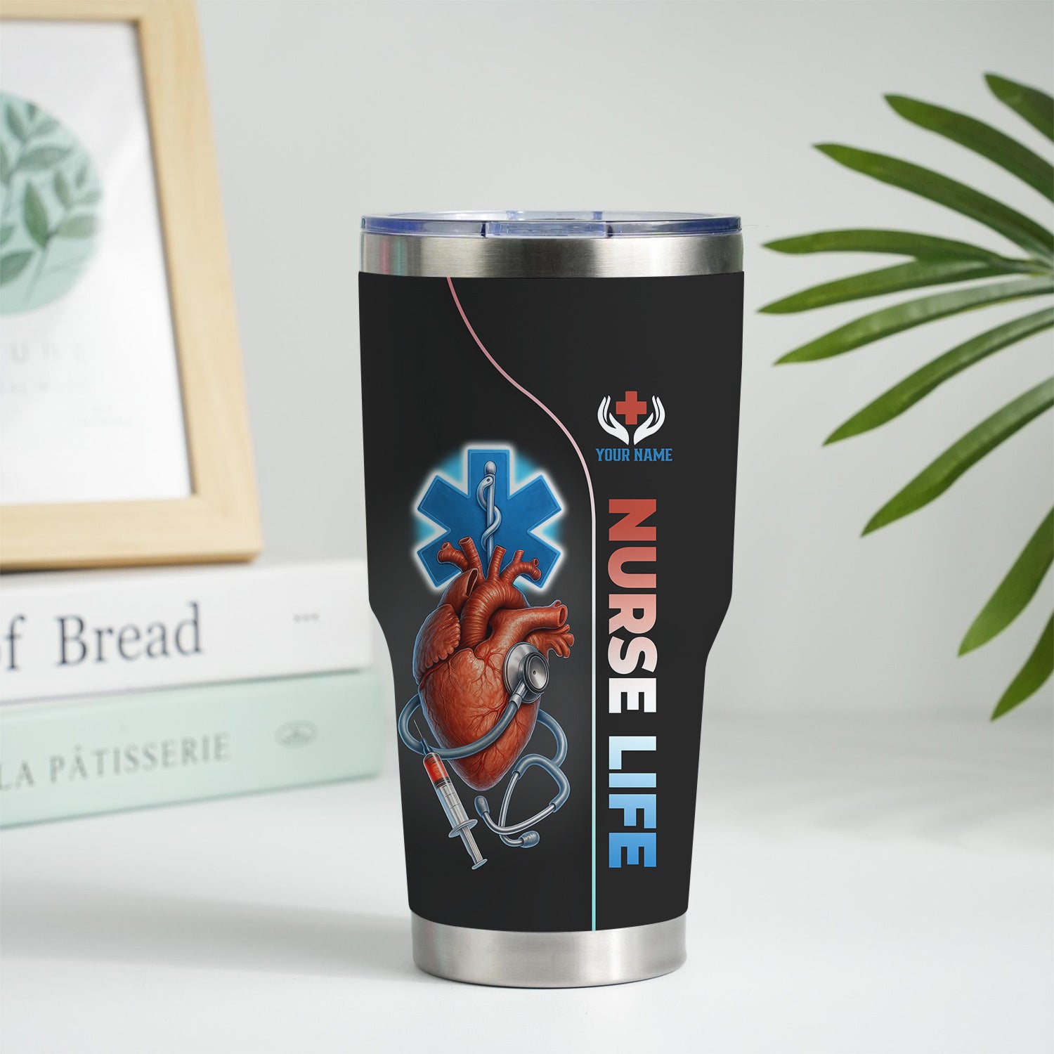 Custom Name Nurse Tumbler - Realistic Heart with Syringe & Caduceus Symbol - Medical Gift for Healthcare Worker