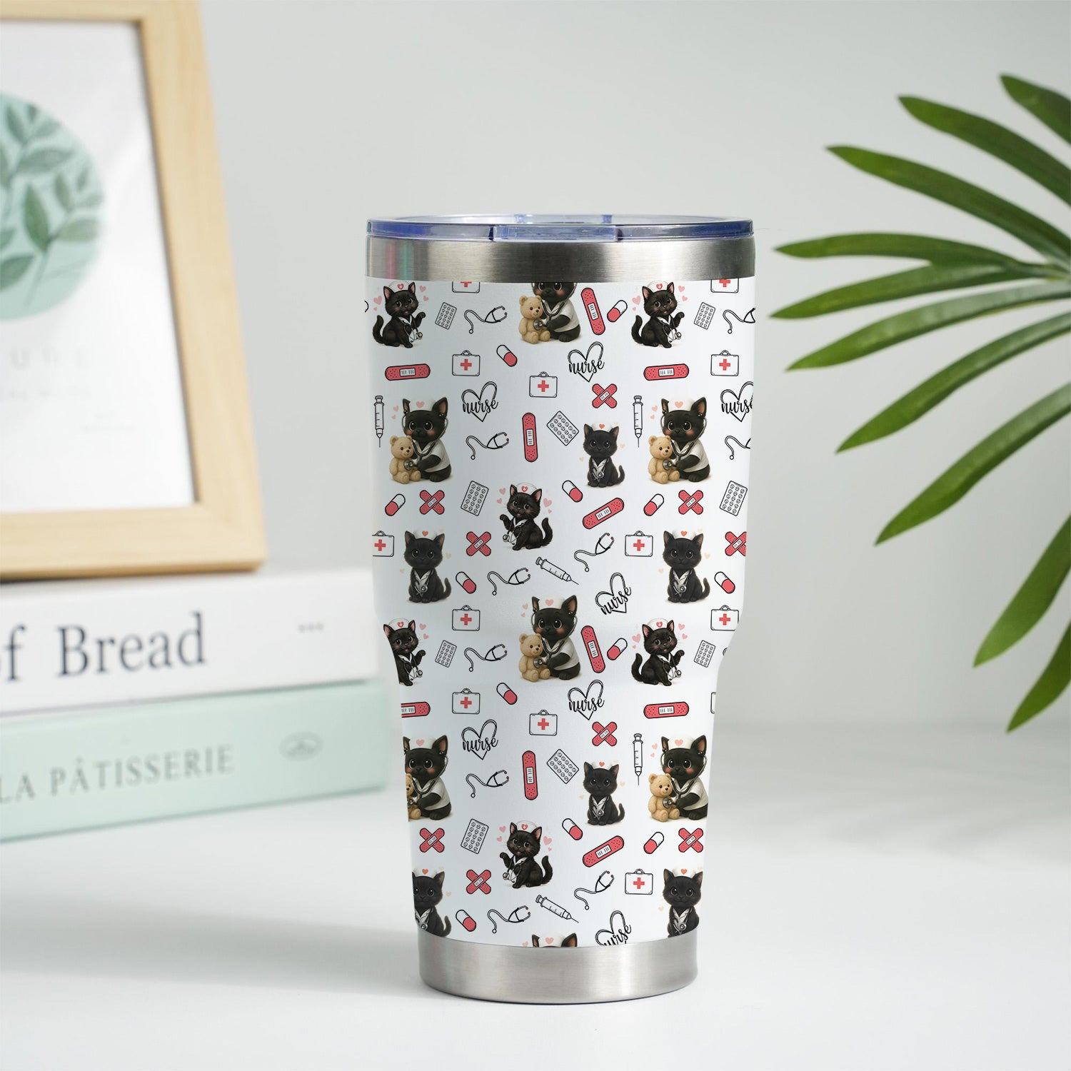 Funny Cat Lover Nurse Tumbler - Personalized RN CNA LPN Gift - Cute Medical Pattern with Black Kittens
