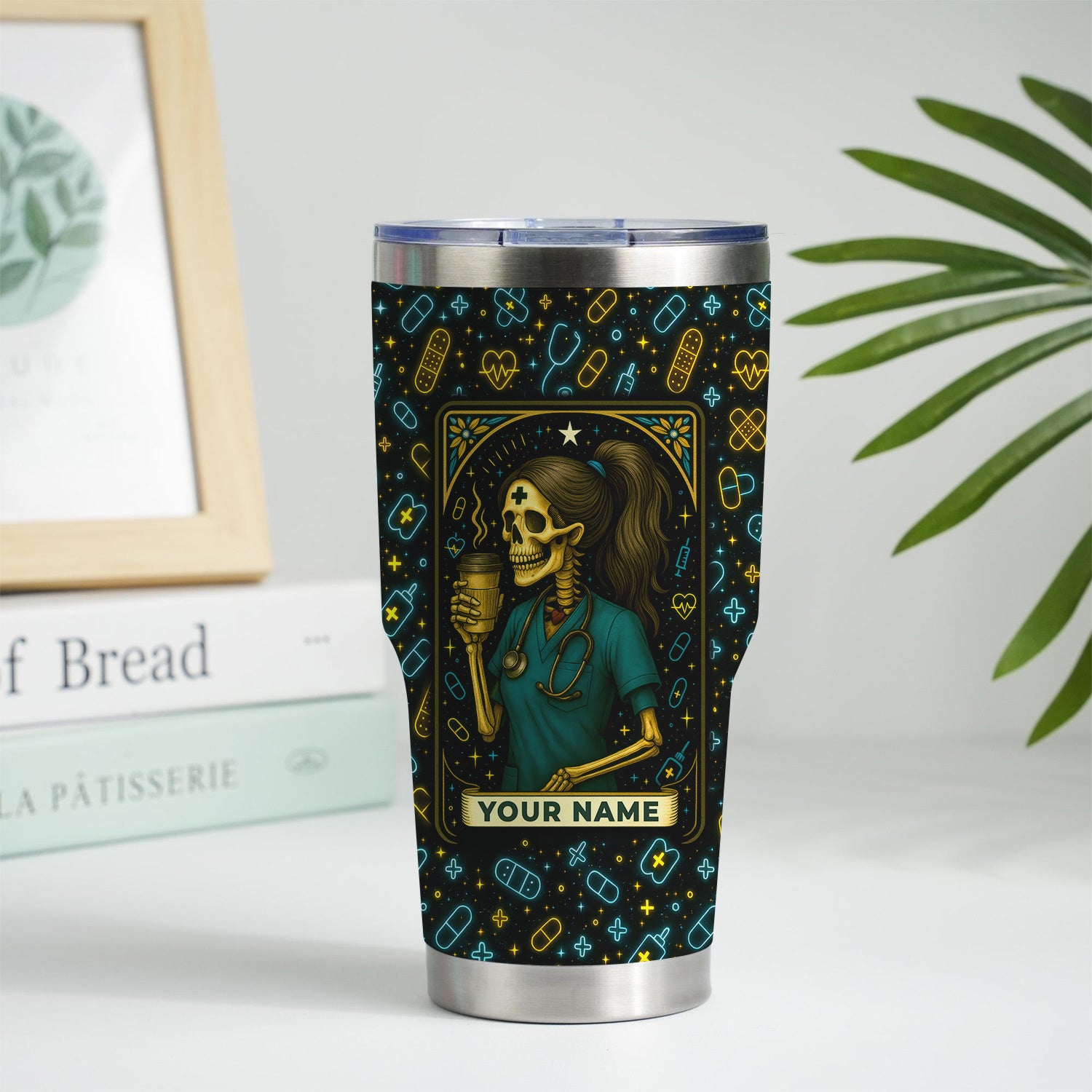 Funny Skeleton Nurse Tumbler - Personalized Coffee Cup for RN CNA LPN - Halloween Neon Design with Custom Name
