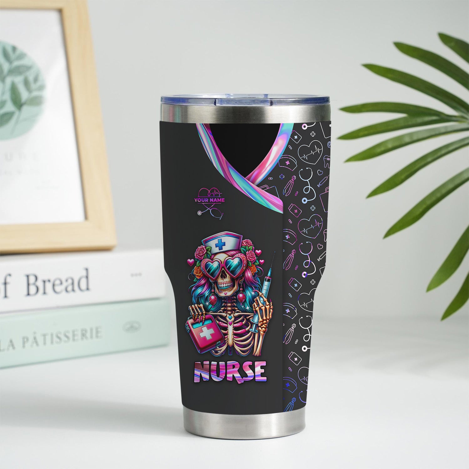Custom Funny Skeleton Nurse Tumbler - Neon Skull with Heart Glasses & Syringe Design - Personalized Gift for RN LPN CNA