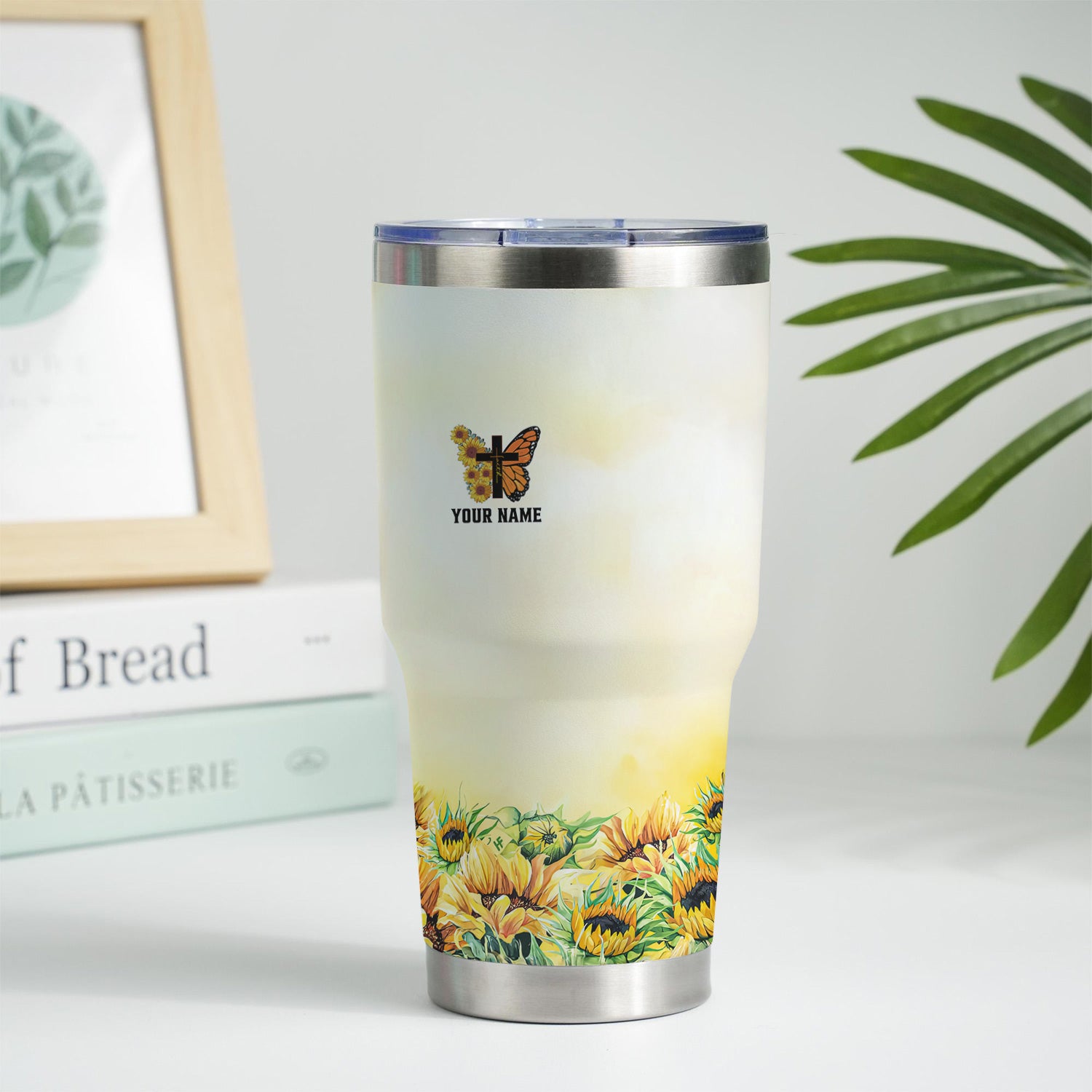 Personalized Christian Nurse Tumbler - Sunflower Butterfly Cross & Bible Verse - RN LPN CNA Healthcare Workers Gift
