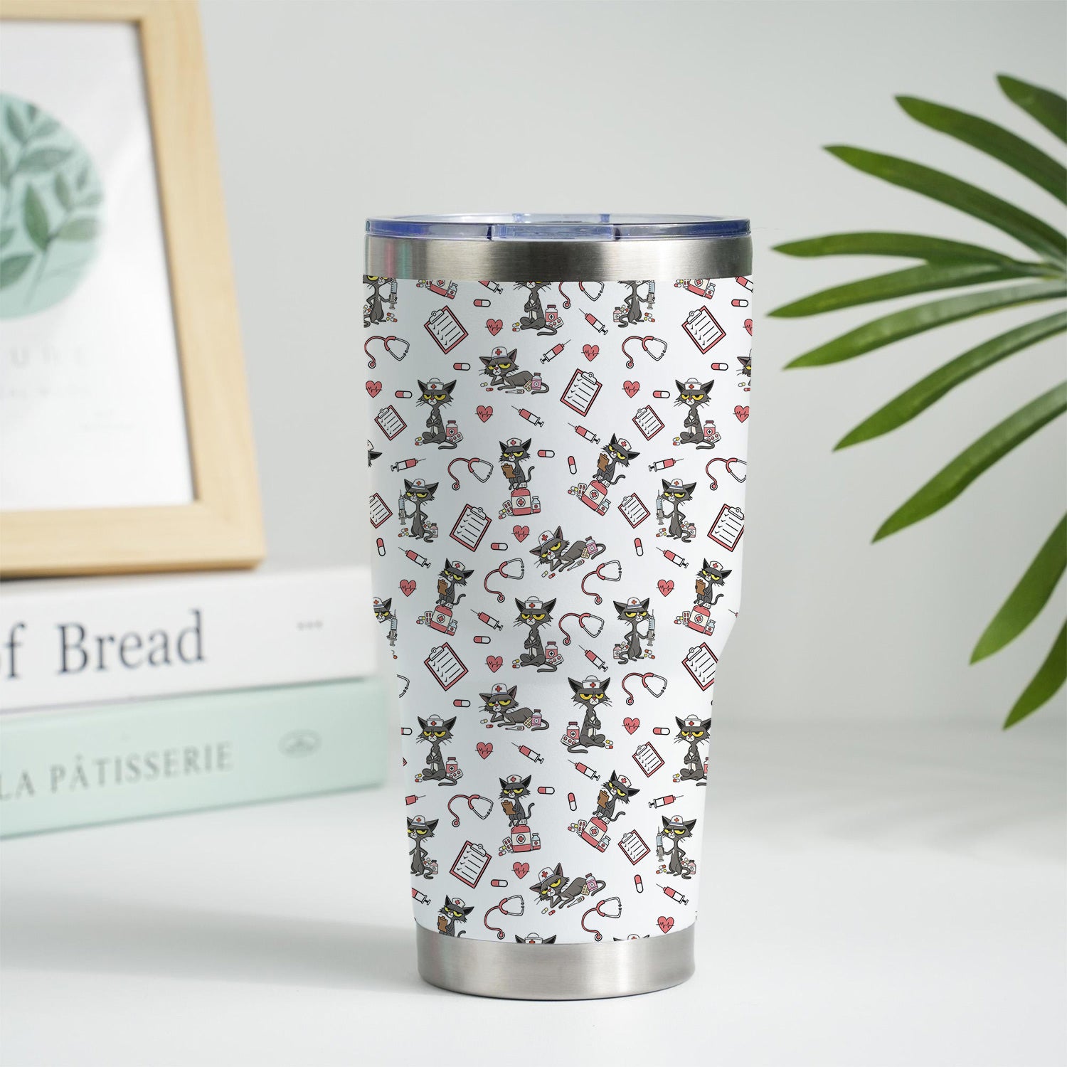 Funny Nurse Tumbler with Black Cat - Personalized 20oz Stainless Steel Cup - Gift for RN, CNA, LPN, Medical Staff