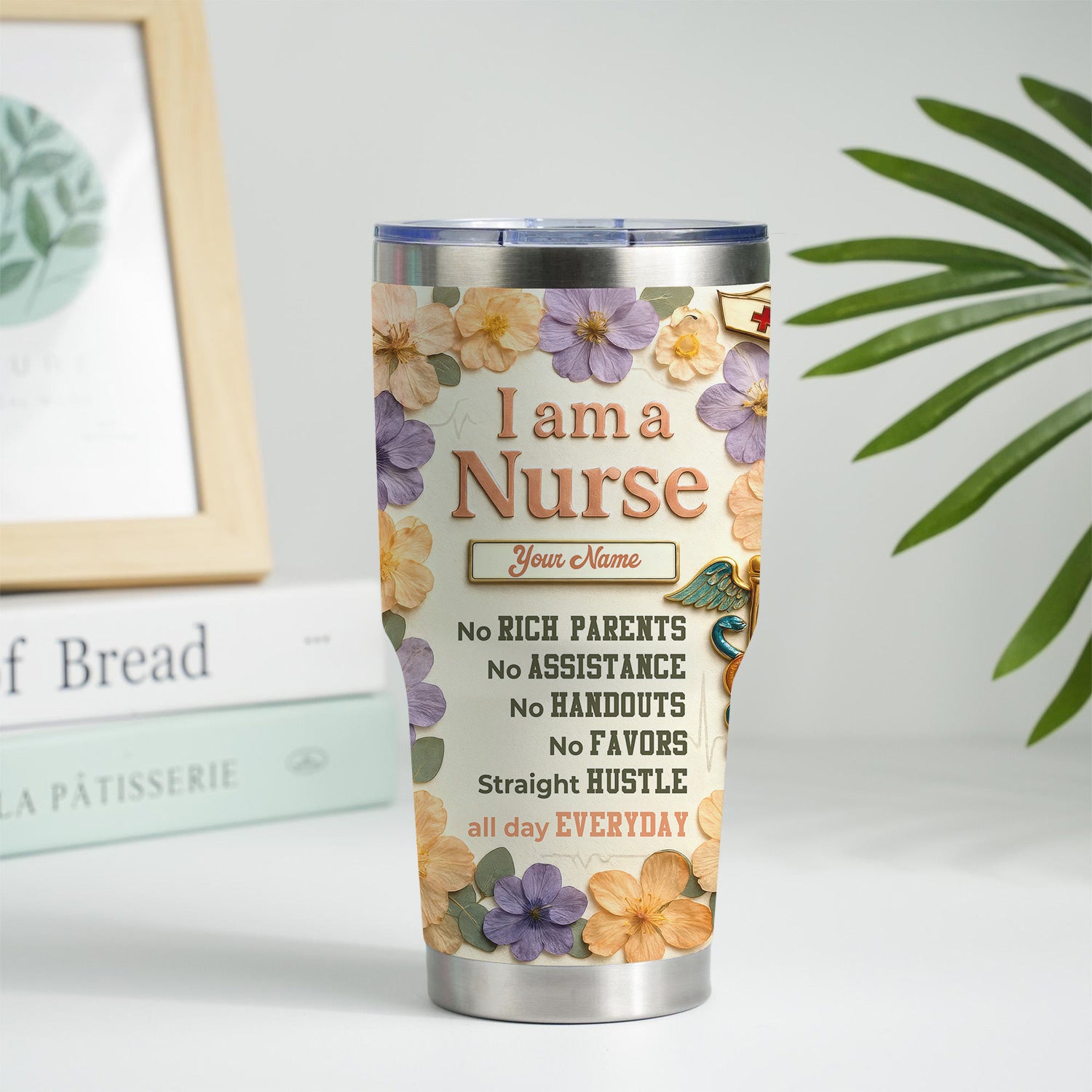 Personalized Nurse Life Tumbler For Her - Funny Hustle Quote for RN LPN CNA - Cute Floral & Nutrition Facts Design