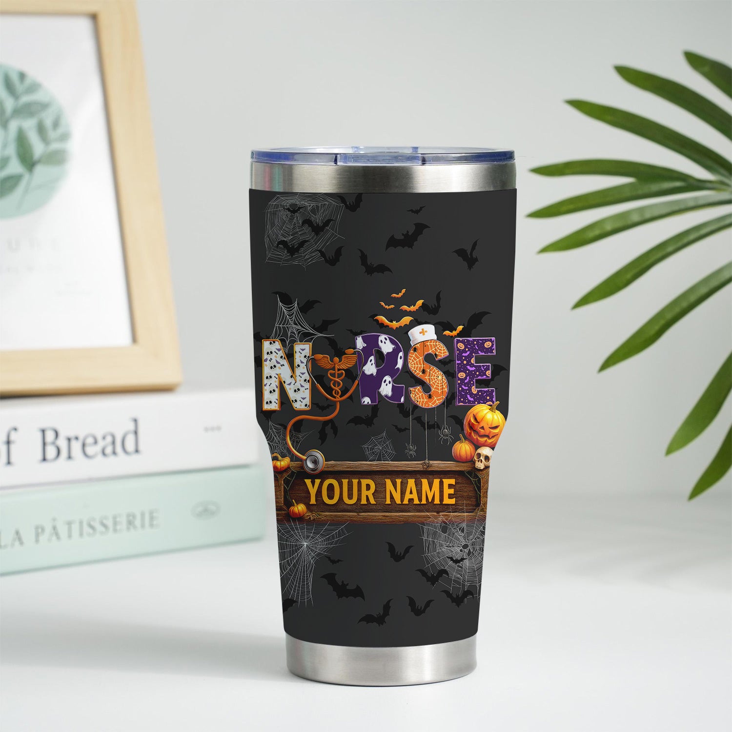 Funny Halloween Nurse Tumbler - Personalized Name & Stethoscope Design - Spooky 'Nurse' with Pumpkins and Bats - Ideal for RN, CNA, LPN Healthcare Workers
