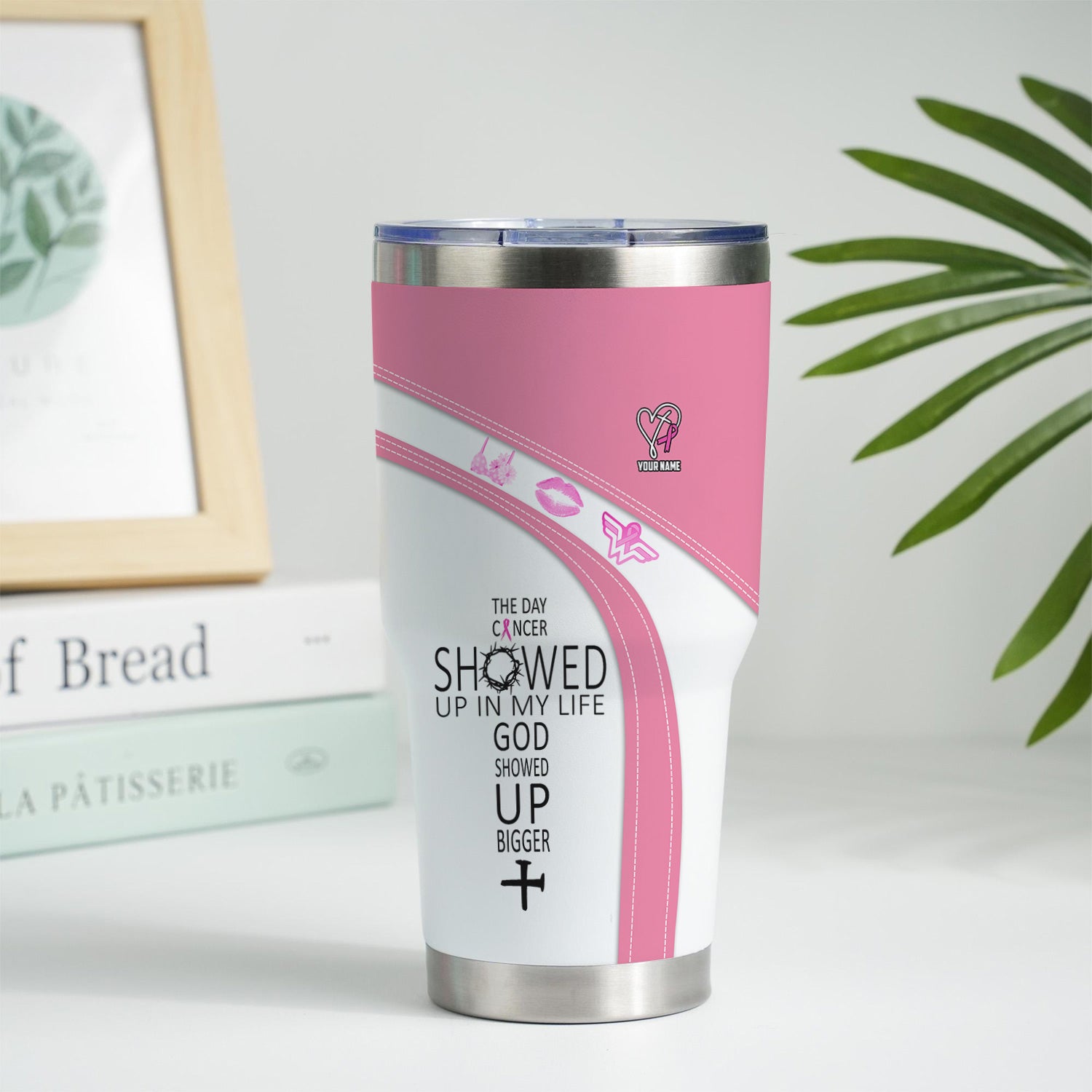 Custom Breast Cancer Awareness Tumbler - The Day Cancer Showed Up Faith Quote - Gift for Nurse RN LPN CNA