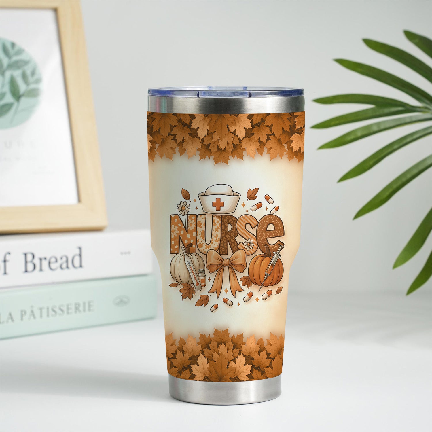 Personalized Fall Nurse Tumbler - Pumpkin Leaf Design with Name - Cute Thanksgiving Gift for RN CNA LPN Healthcare Workers