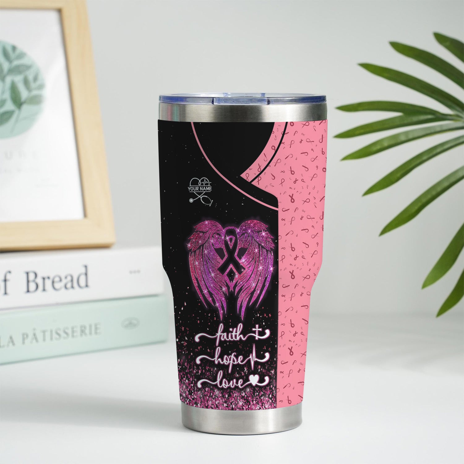 Custom Breast Cancer Awareness Tumbler - Faith Hope Love & Angel Wings - Gift for RN LPN CNA Women