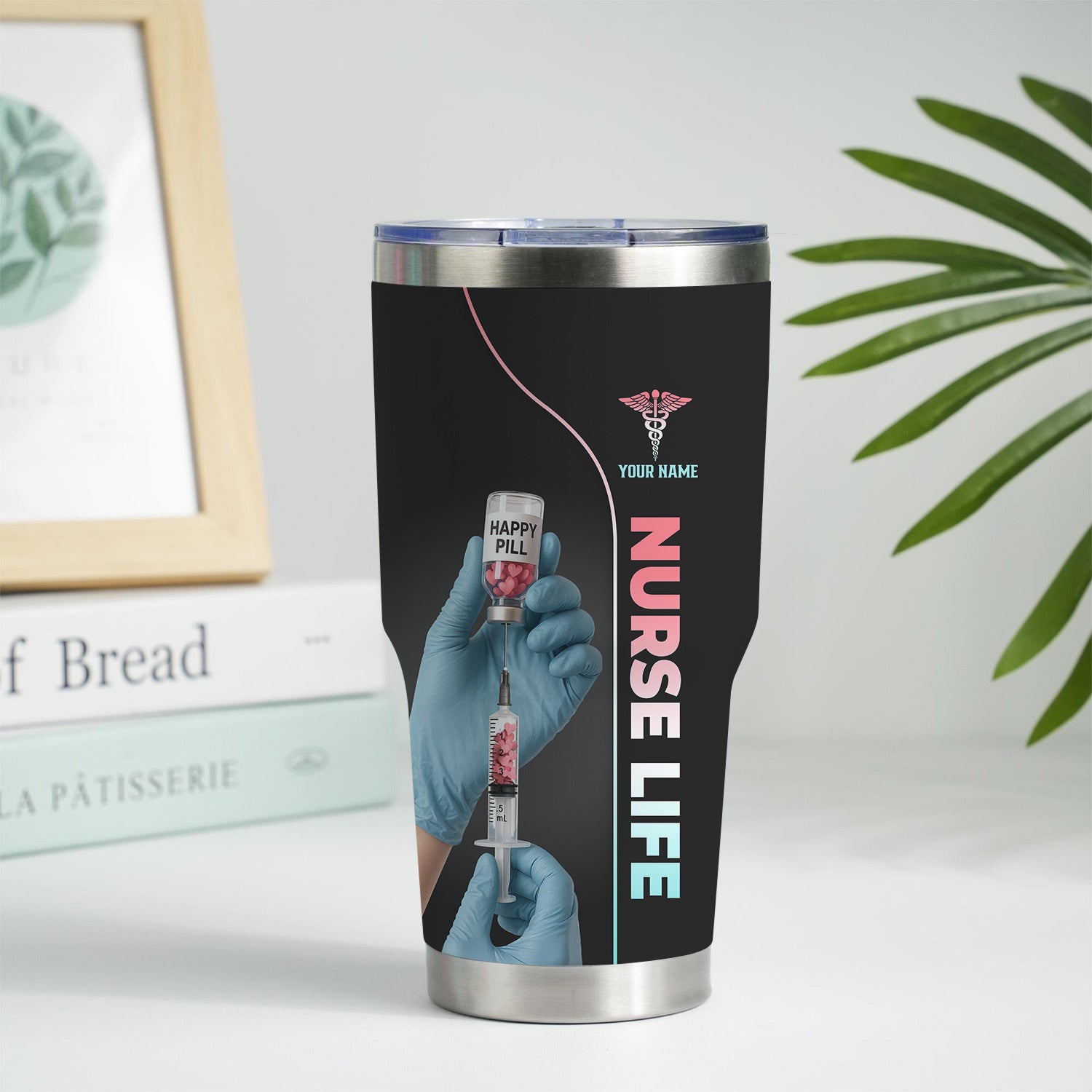 Personalized Nurse Tumbler with Name - Funny Happy Pill Design - Stainless Steel Insulated Cup - Gift for RN CNA LPN Women