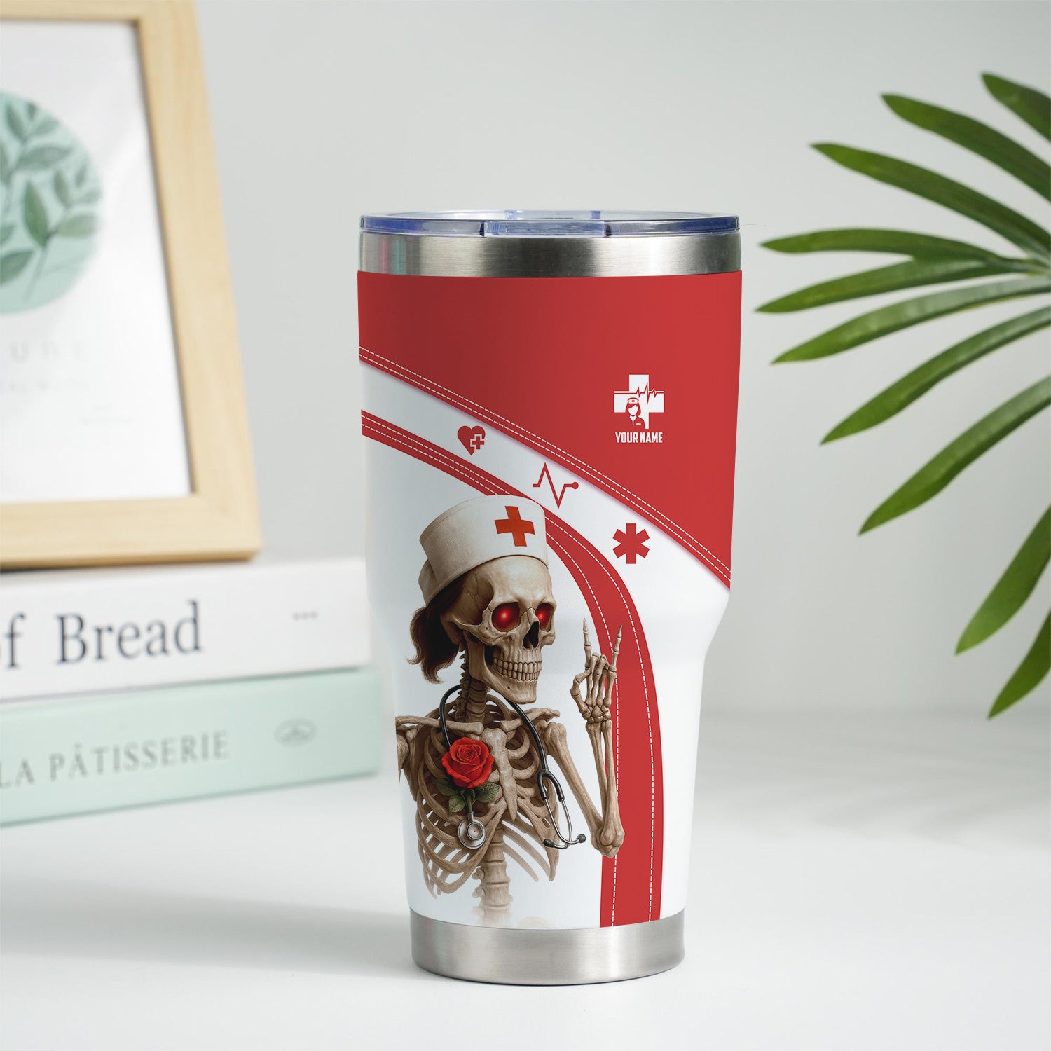 Red and White Skeleton Nurse Life Tumbler - Funny Custom Name Gift for RN LPN CNA - Dark Humor Stainless Cup for Healthcare Workers