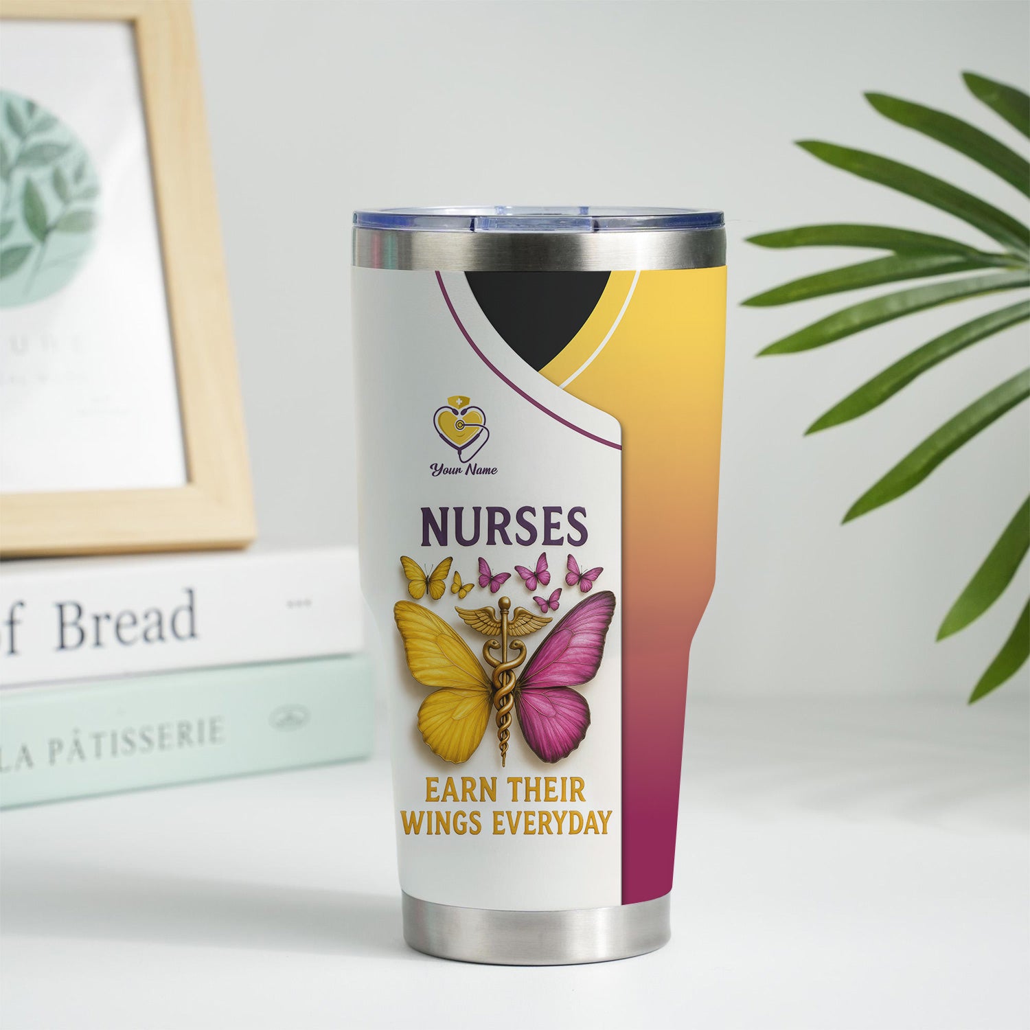 Personalized Nurse Tumbler - Butterfly Wings Everyday Design - Custom Name Gift for RN LPN CNA Women Healthcare Workers