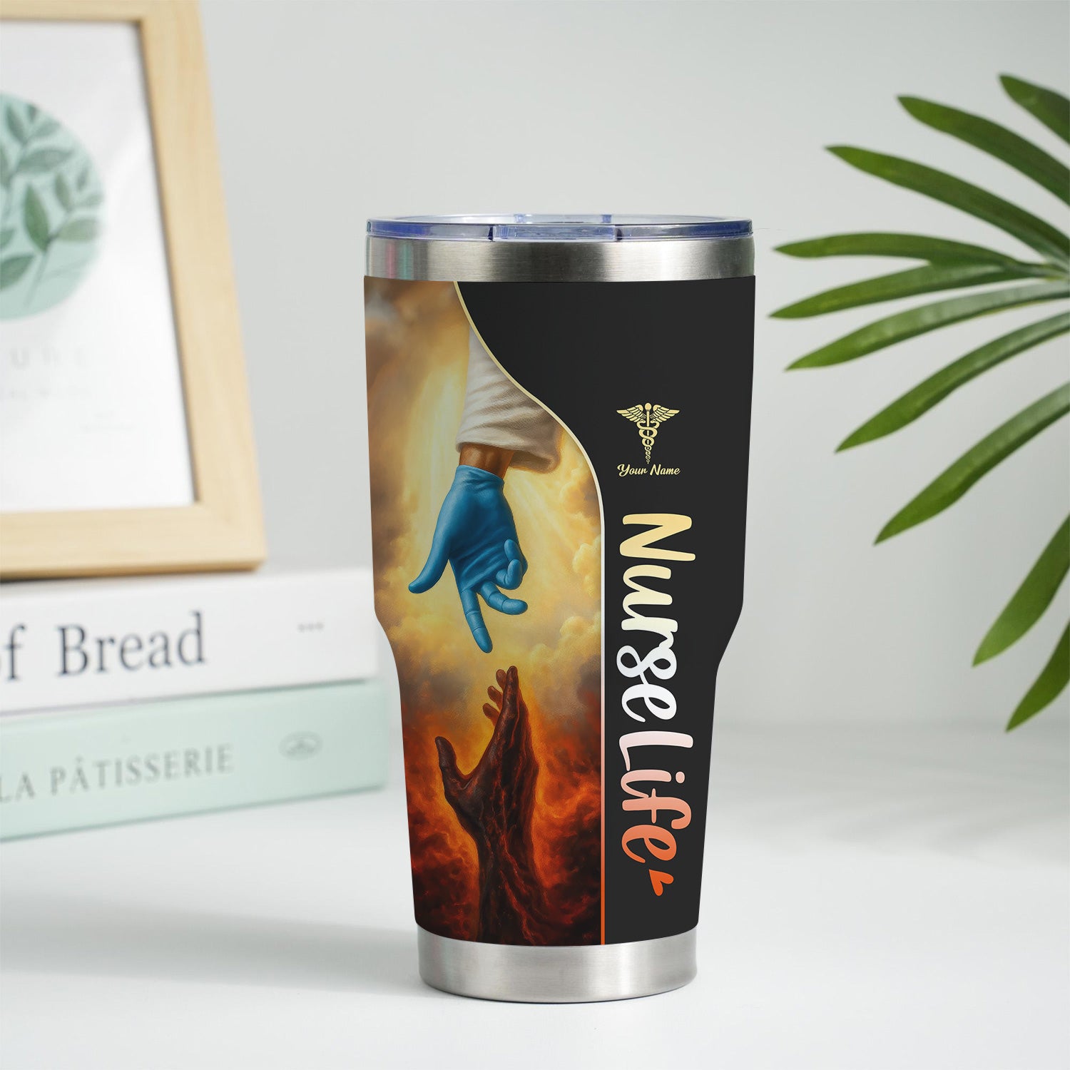 Christian Nurse Stainless Tumbler with Name - God’s Hand Reaching Design - Inspirational Gift for Faithful RN LPN CNA Women in Healthcare