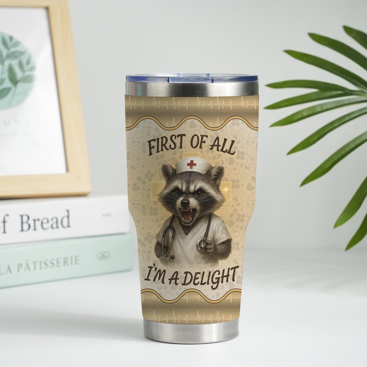 Funny Nurse Tumbler - First Of All I'm A Delight - Personalized Raccoon Mug with Name - Gift for RN CNA LPN Women - Stainless Steel Travel Cup