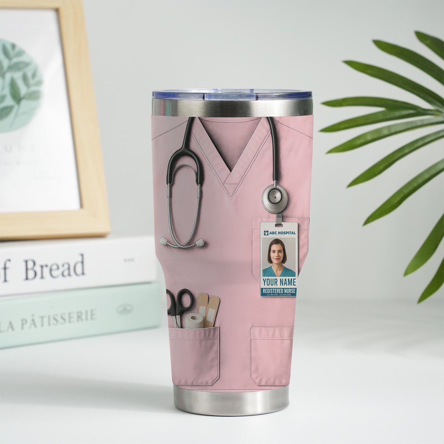 Custom Nurse Tumbler - Stethoscope & Hospital ID Badge Design - Personalized Gift with Custom Text & Photo for RN CNA LPN Healthcare Workers
