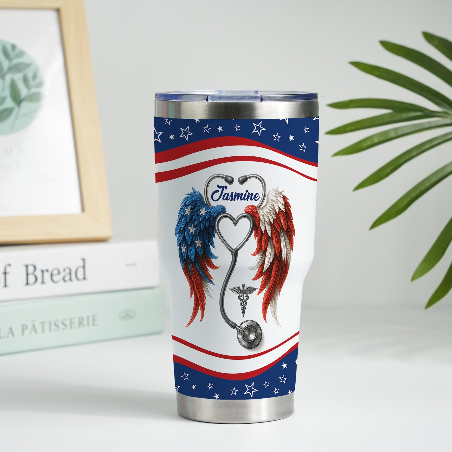 Personalized Nurse Tumbler - American Flag Angel Wings Stethoscope - The Wings Came With The Scrubs Gift