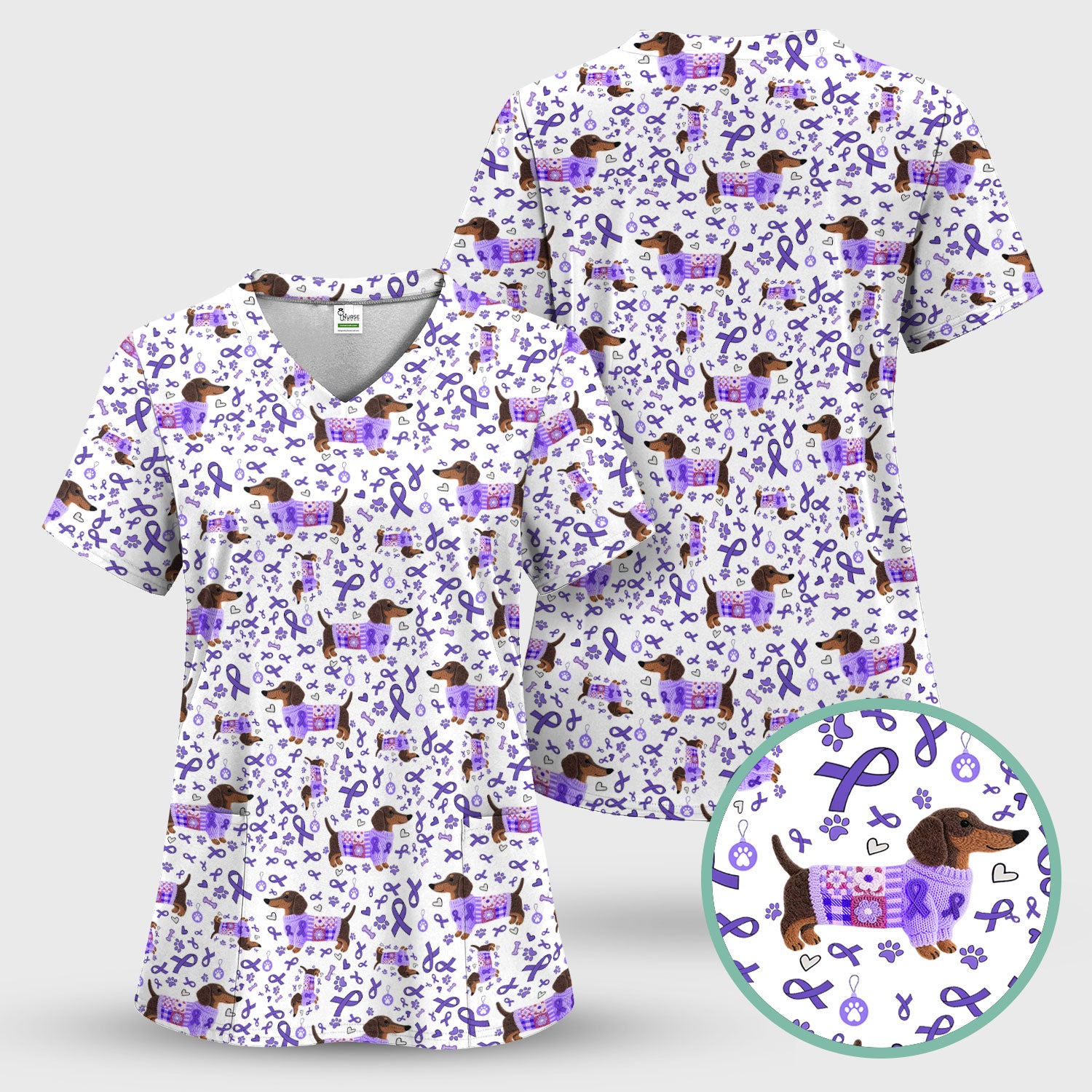 Purple Ribbon Dachshund Scrub Top for Nurses - Cute Awareness Dog Paw Prints - Support Lupus Cancer Med Uniform Gift for Women