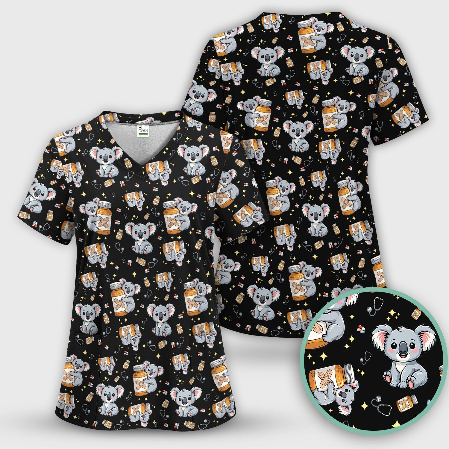 Cute Koala Nurse Bandage Medicine Print Scrub Top, Comfortable Scrubs for Nurses