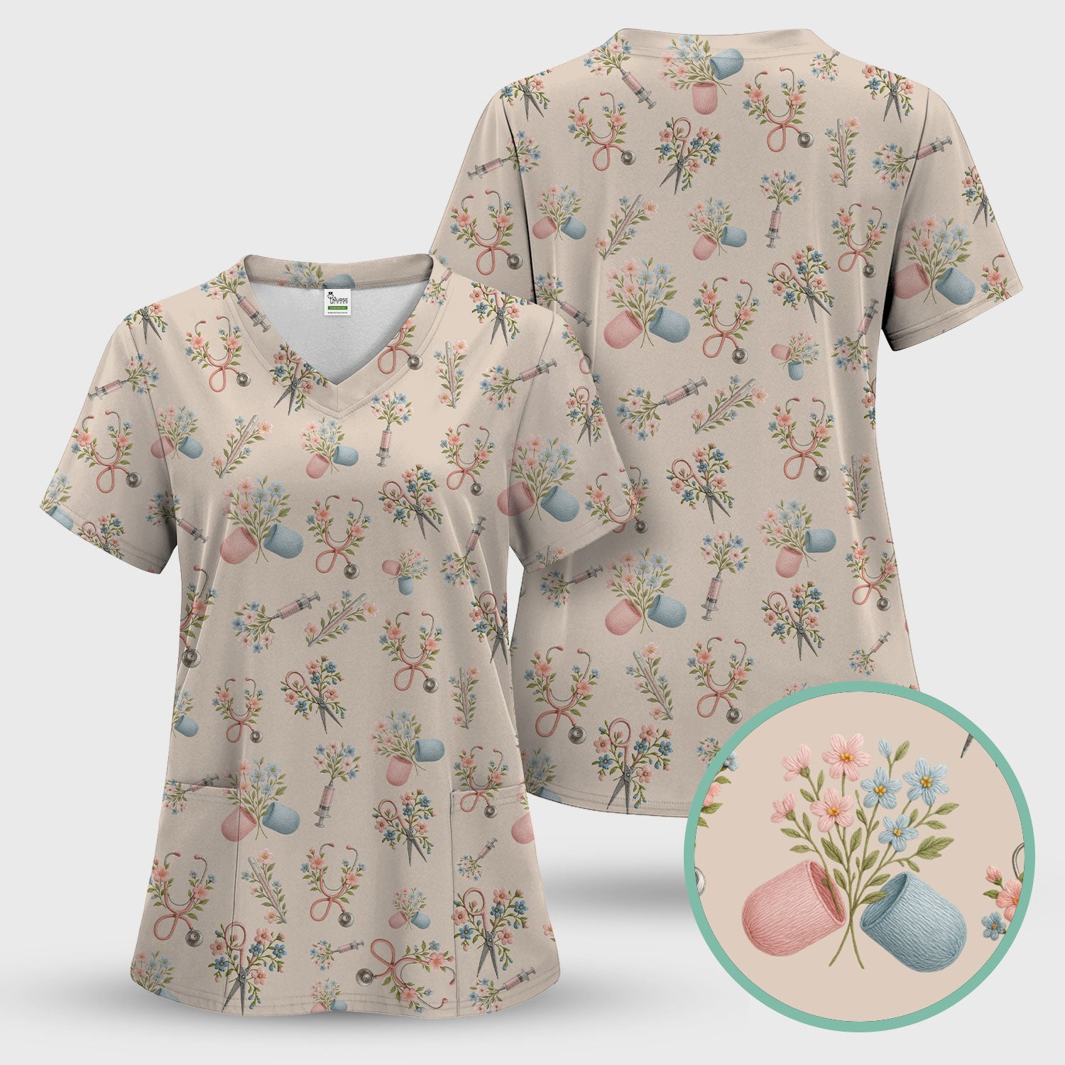 Floral Medical Scrub Top, Elegant Stethoscope With Flower Nursing Shirt, Breathable Fabrics Nurse Uniform