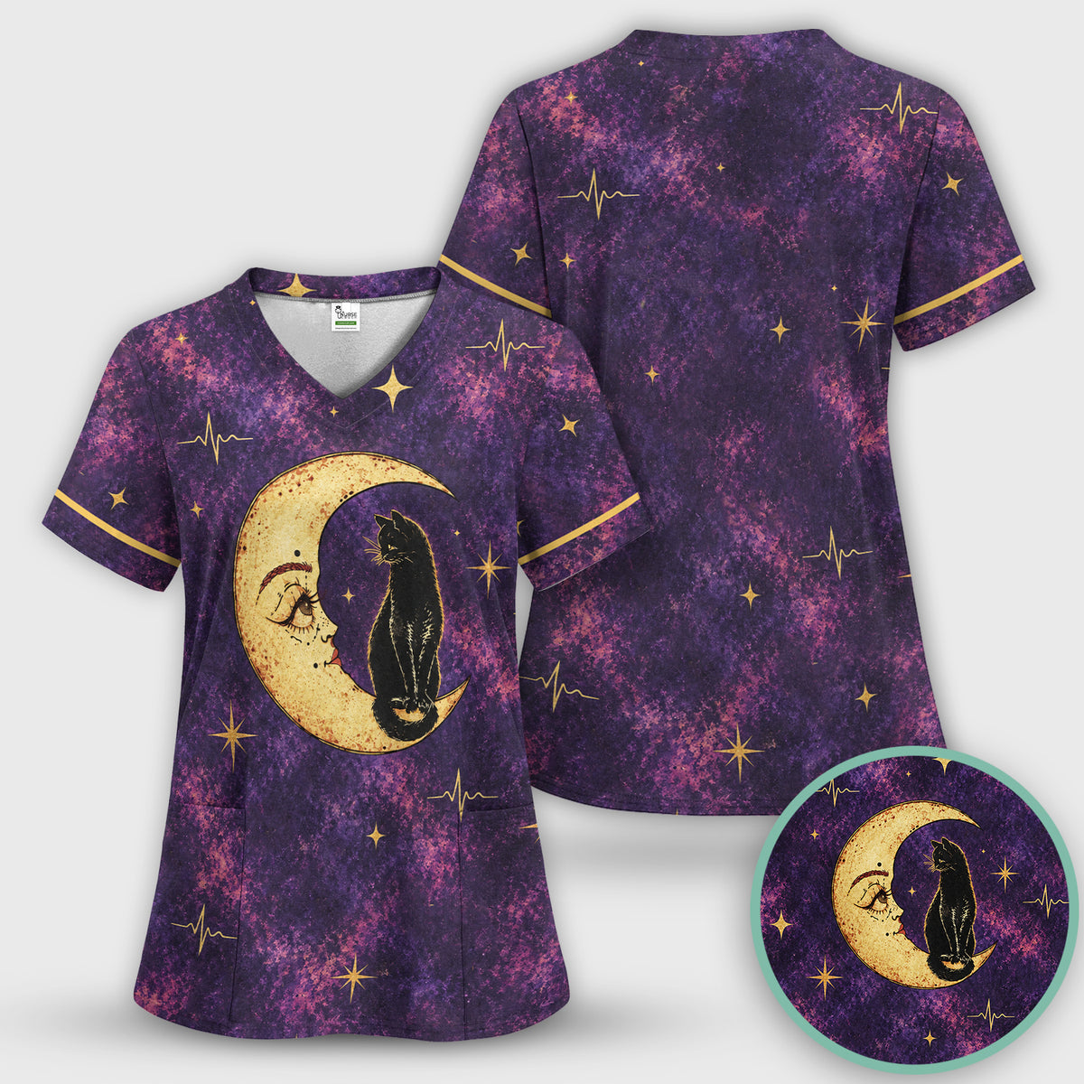 Celestial Nurse Black Cat Crescent Moon Scrub Top, Comfortable Scrubs for Nurses