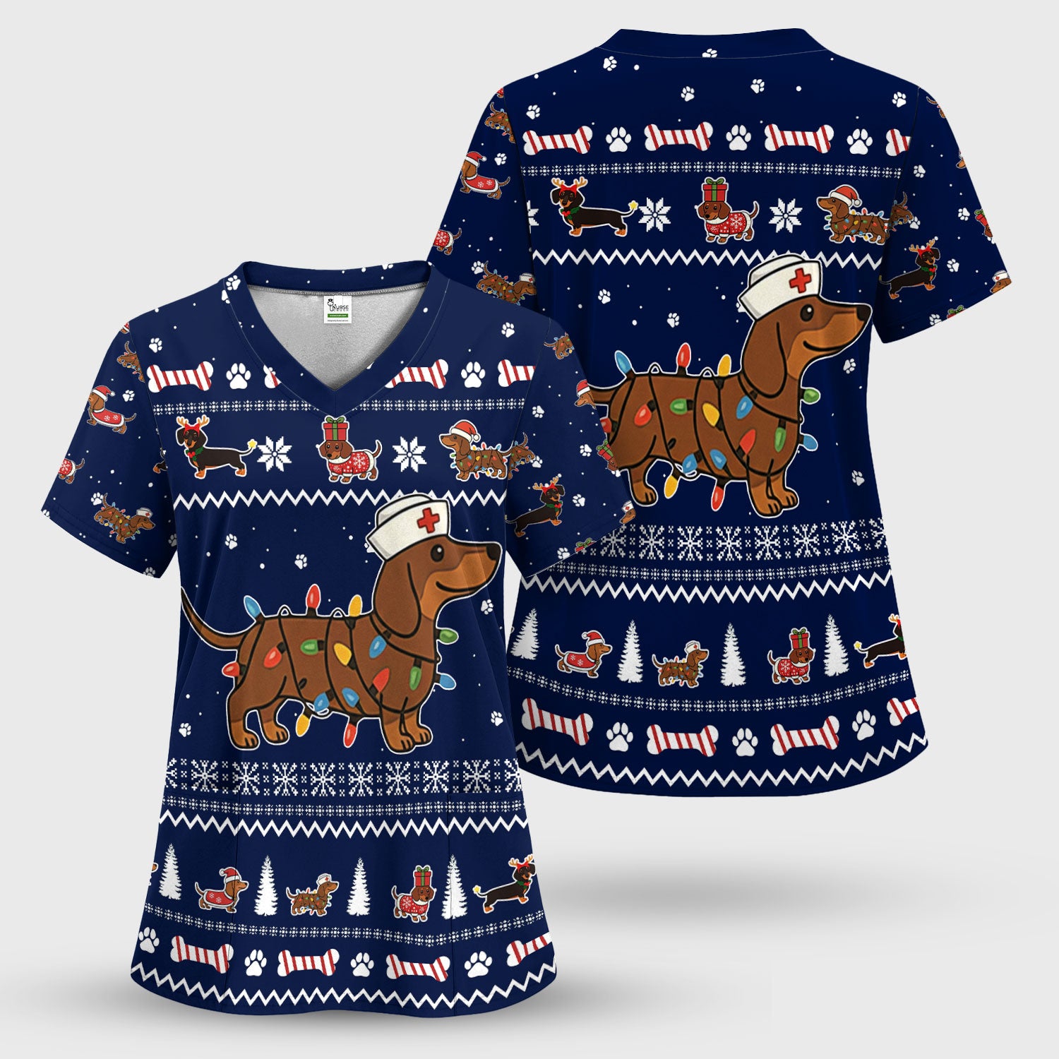 Christmas Dachshund Nurse Scrub Top for Women - Cute Sausage Dog Wearing Lights - Funny Holiday Medical Shirt Gift for RN CNA LPN