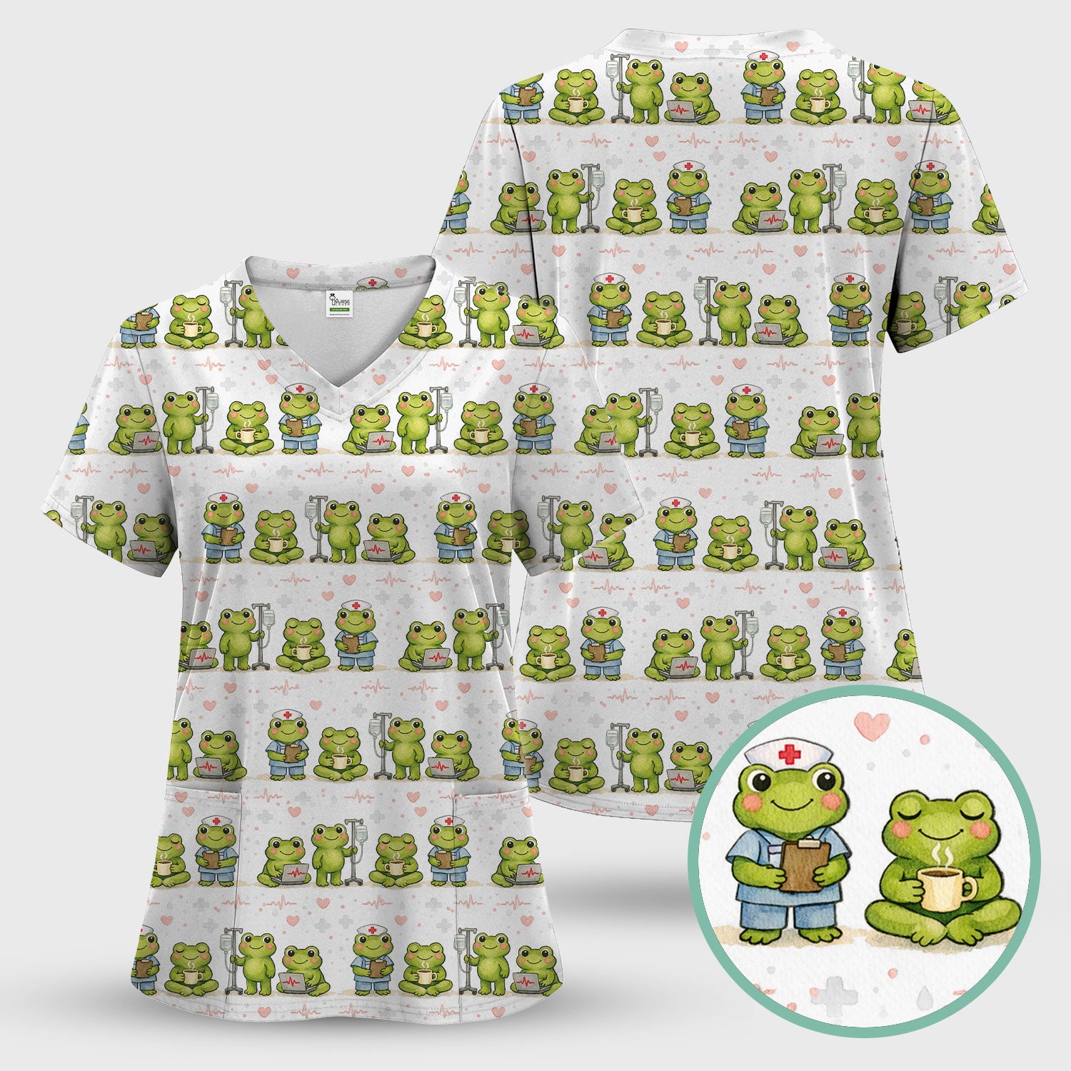Adorable Frog Nurse Various Poses Print Scrub Top, Comfortable Scrubs for Nurses