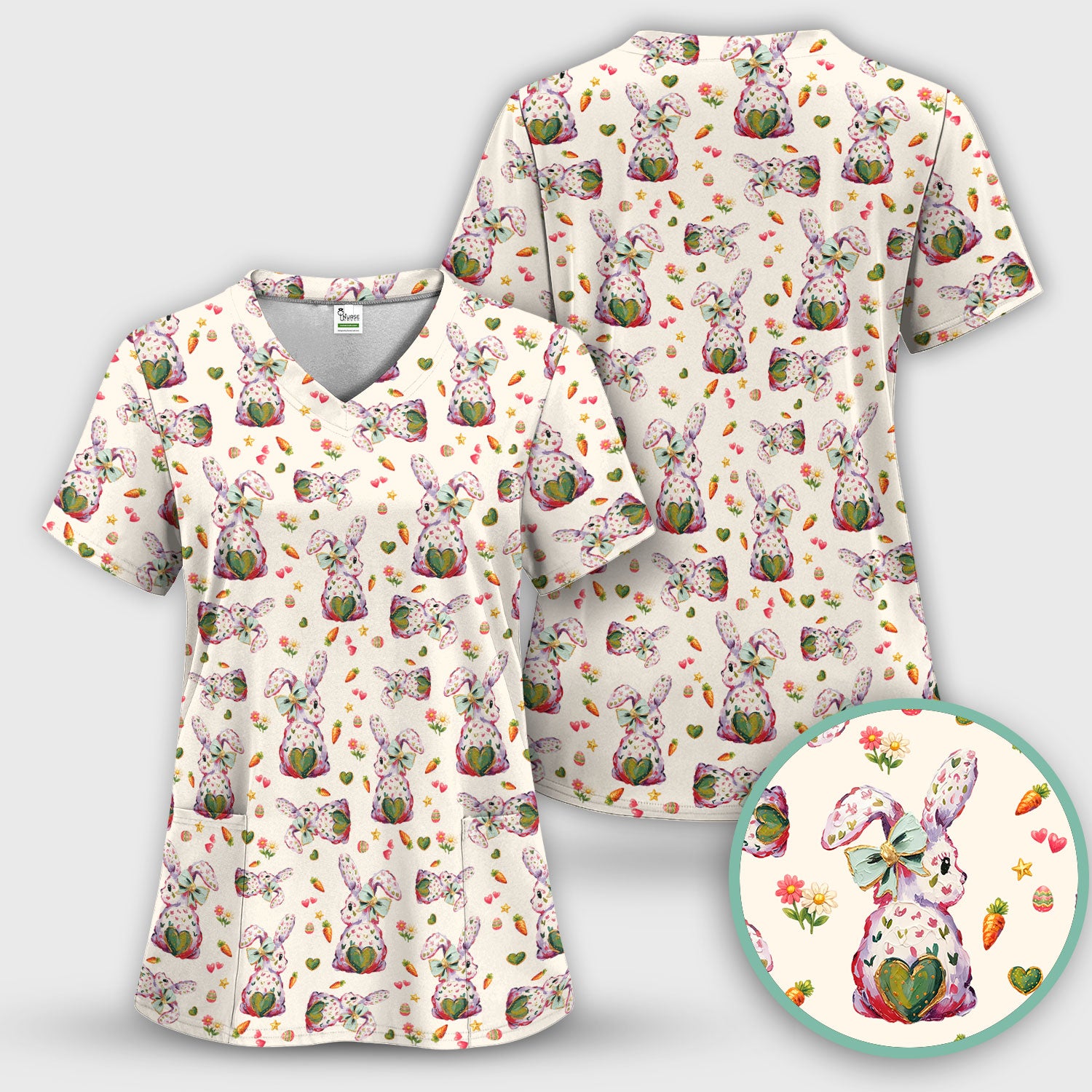 Cute Pastel Bunny Easter Pattern Scrub Top, Comfortable Scrubs for Nurses