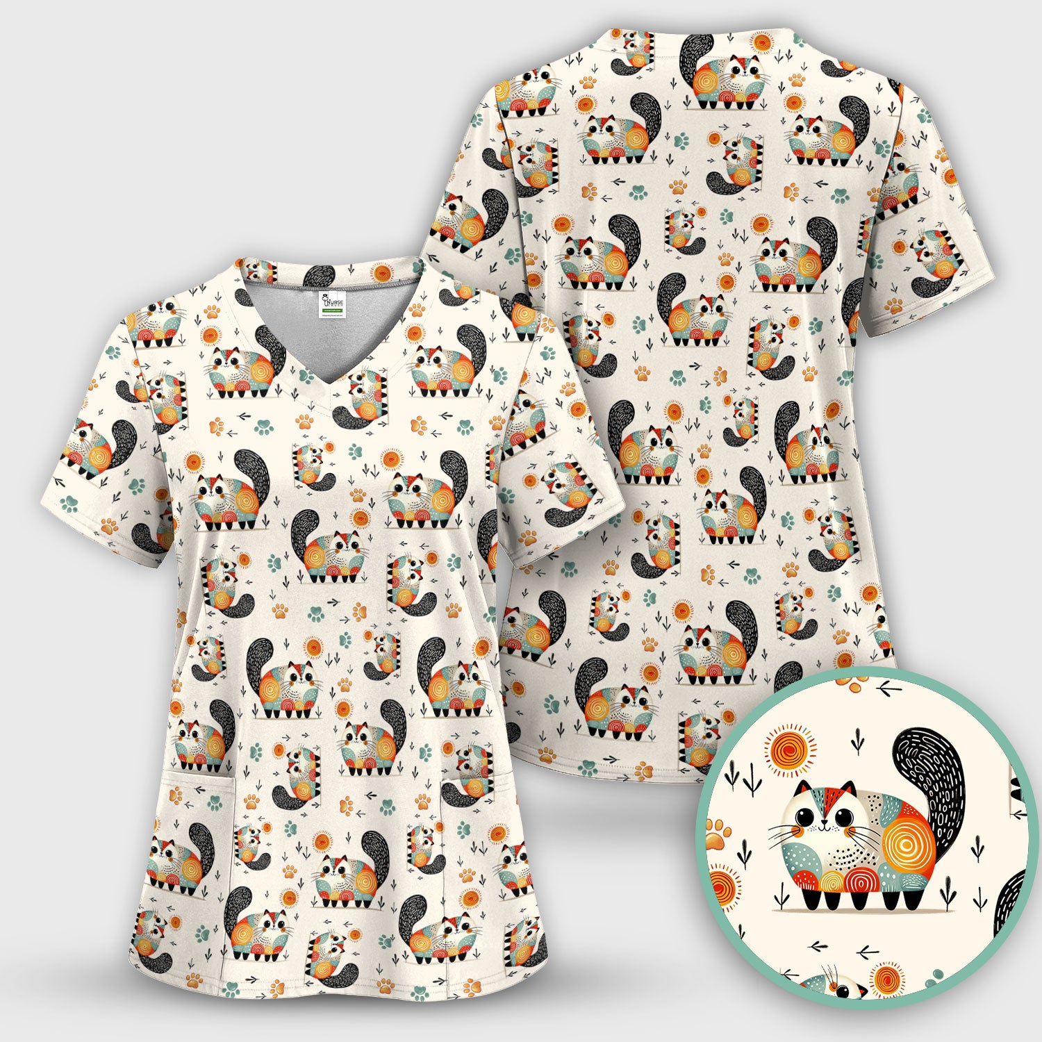 Playful Cat Illustration Nurse Scrub Top, Comfortable Scrubs for Nurses