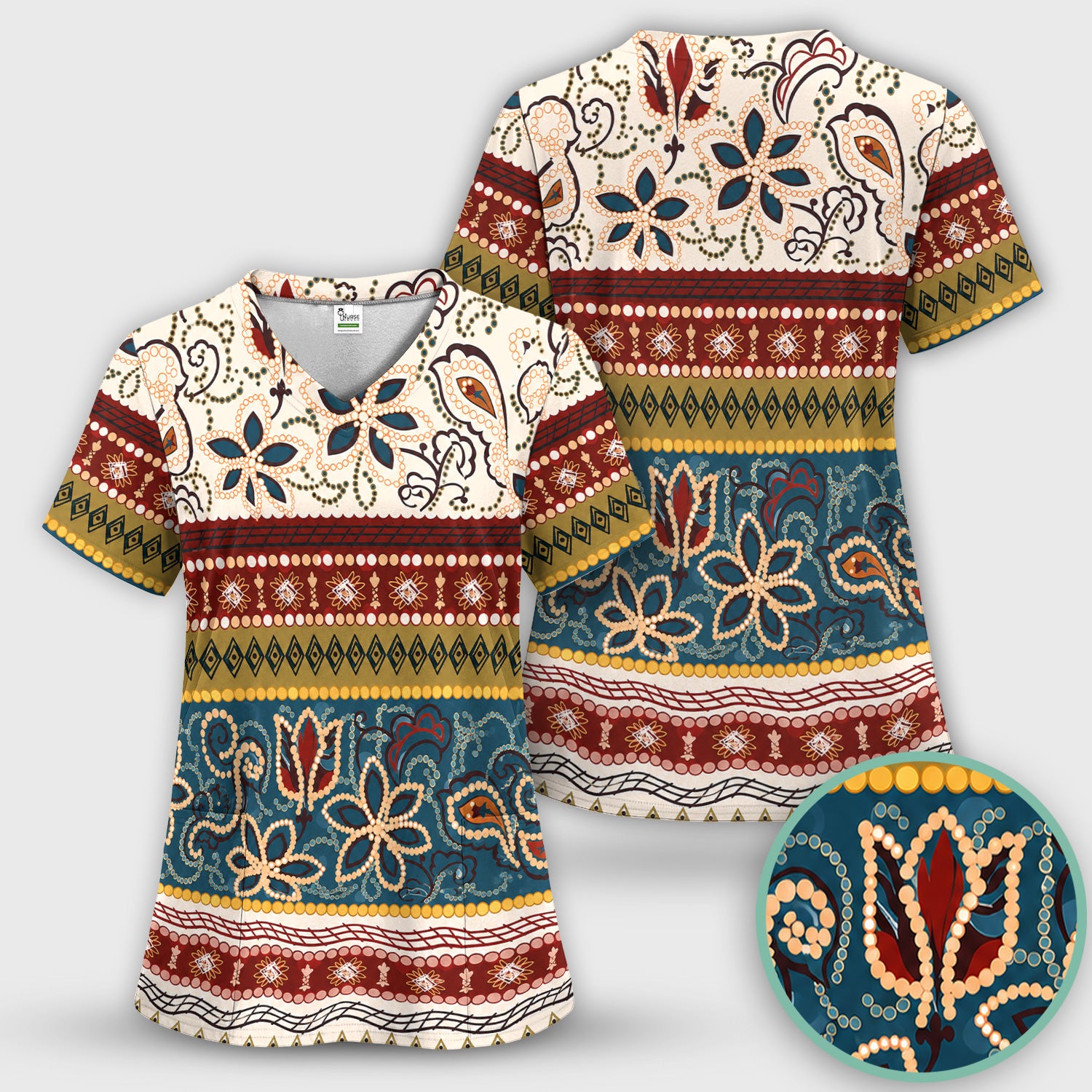 Boho Paisley Floral Stripe Pattern Scrub Top, Comfortable Scrubs for Nurses