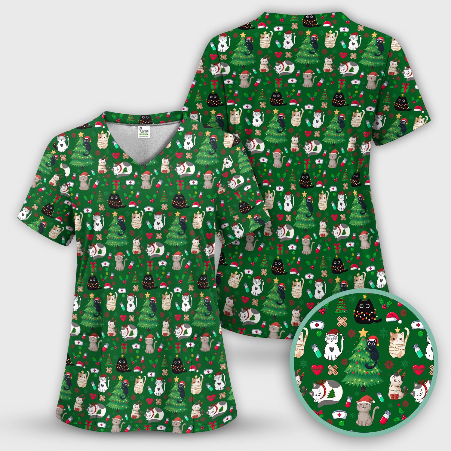 Christmas Cat Scrub Top, Xmas Pet Pattern Scrub Shirt, Breathable Fabrics Nursing Uniform