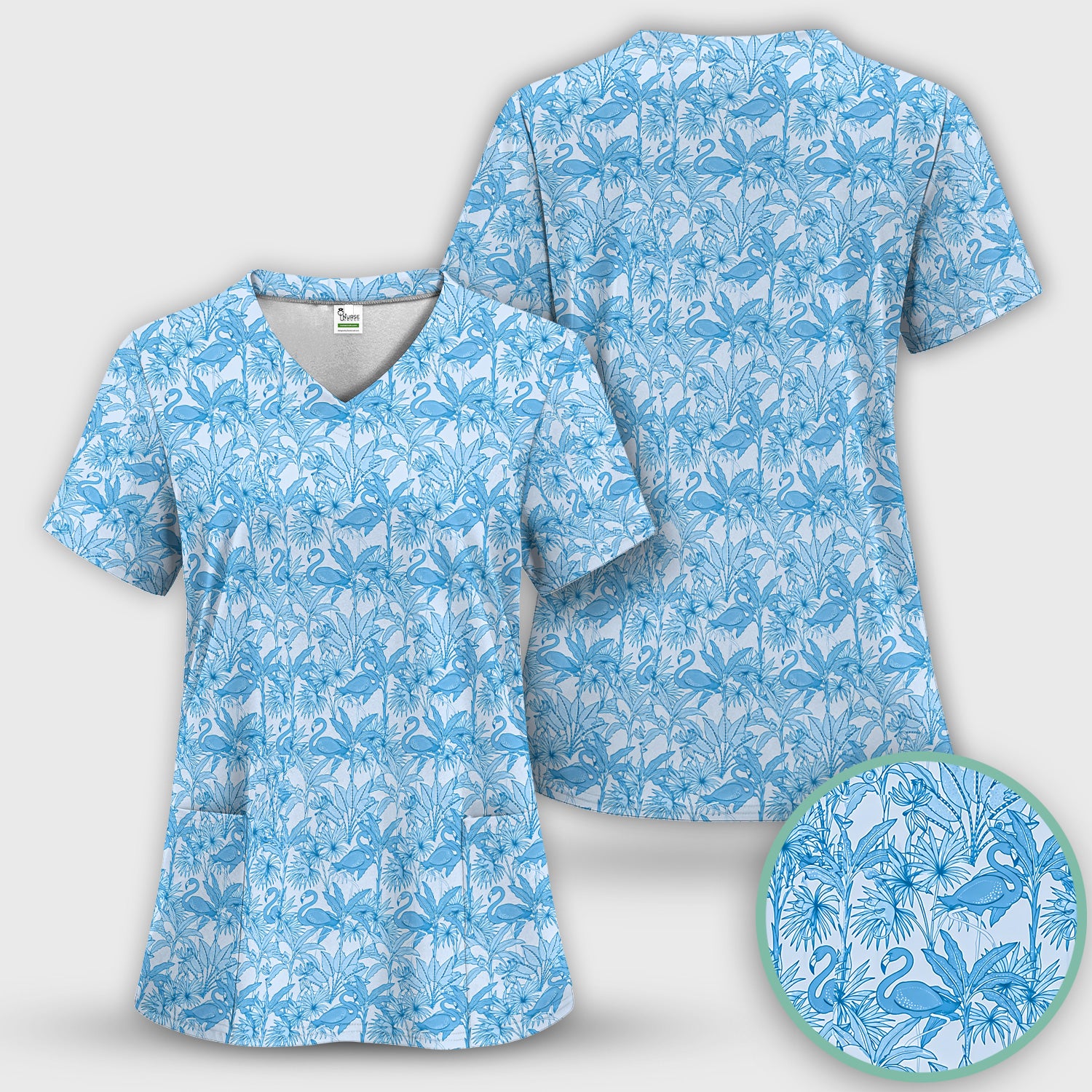 Tropical Flamingo Palm Leaves Pattern Scrub Top, Breathable Fabrics Nursing Uniform