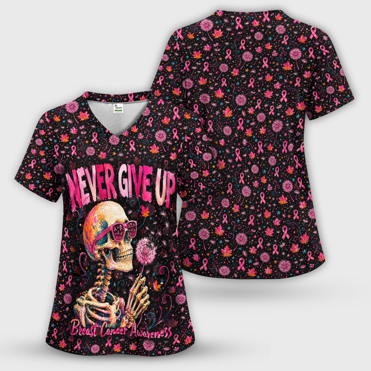 Meaningful Breast Cancer Awareness Skeleton Scrub Set, Scrub Pants and V Neck Top
