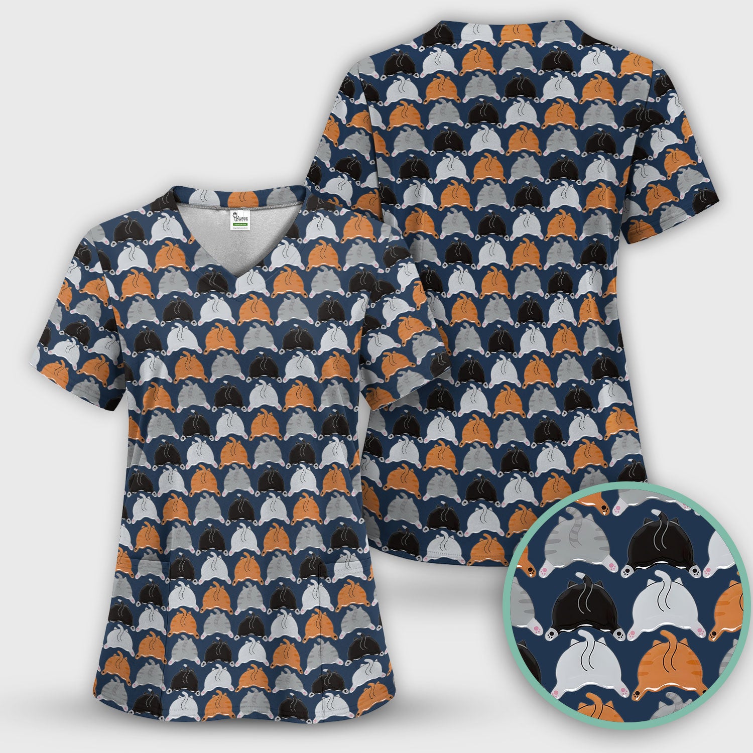 Playful Multicolor Cat Print Scrub Top, Breathable Fabrics Nursing Uniform