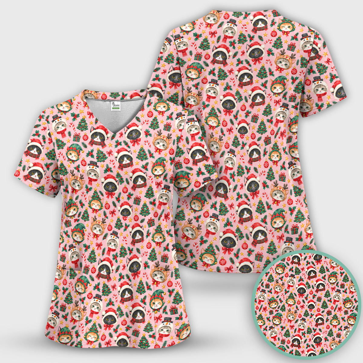 Christmas Cats And Trees Pattern Scrub Set, Scrub Pants and V Neck Top
