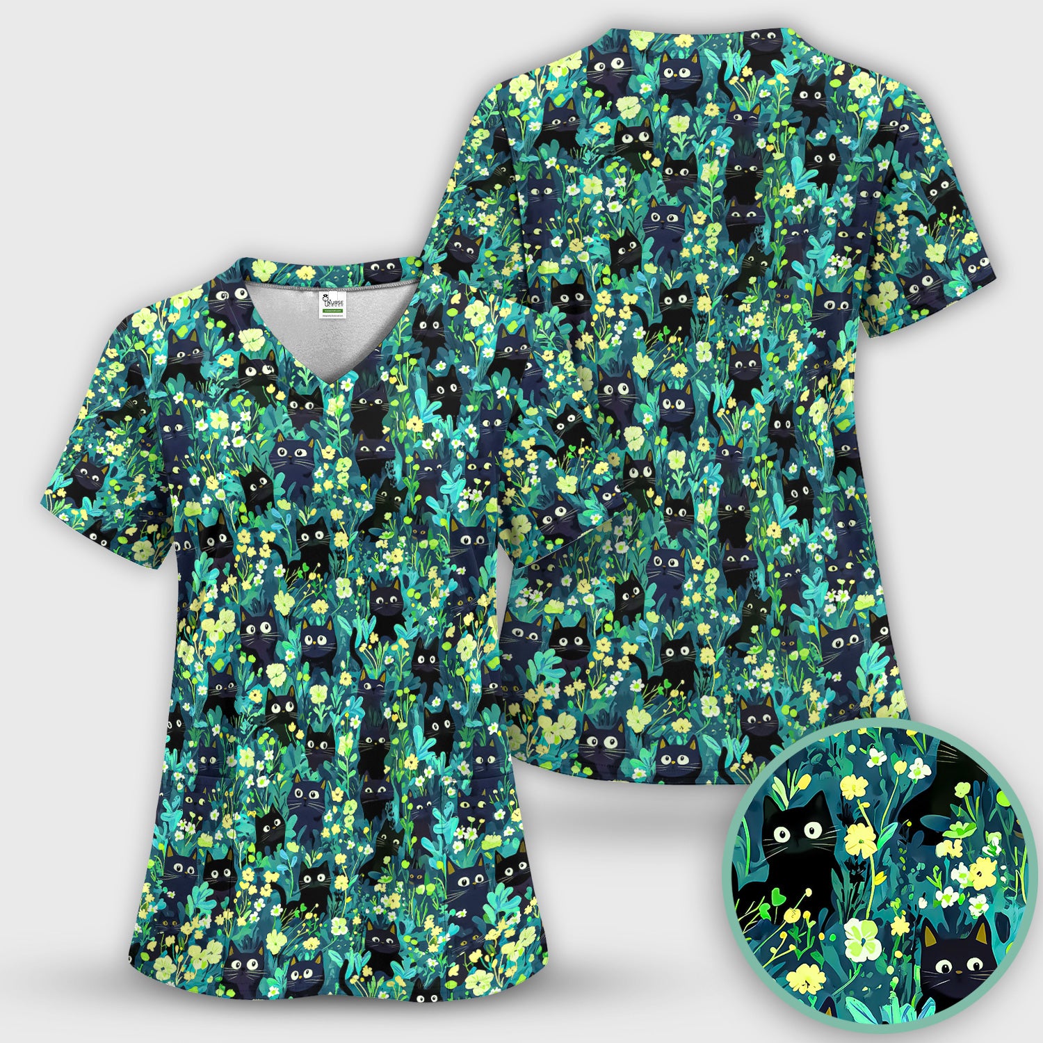 Black Cat Floral Pattern Scrub Top, Comfortable Scrubs for Nurses