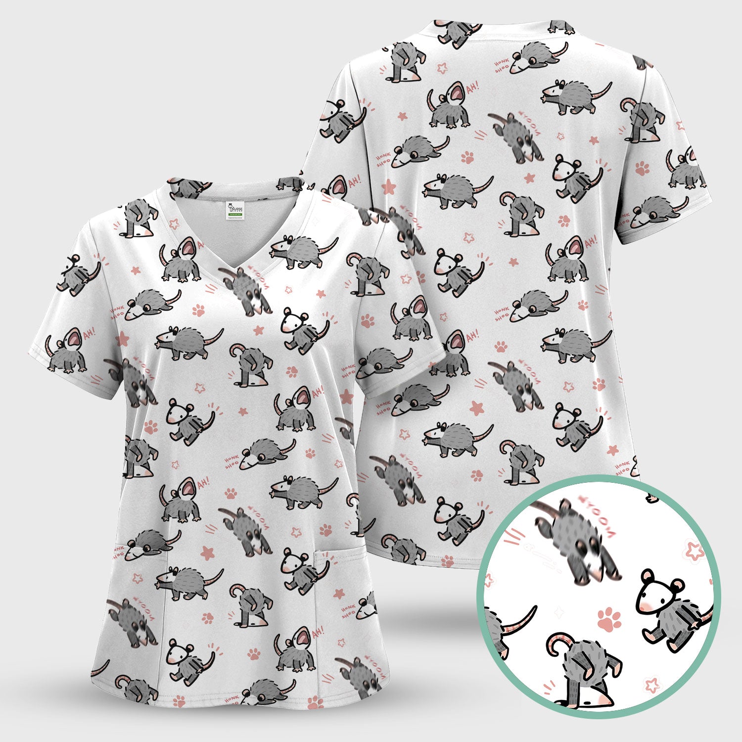 Playful Cartoon Opossum Character Pattern Scrub Top, Breathable Fabrics Nursing Uniform