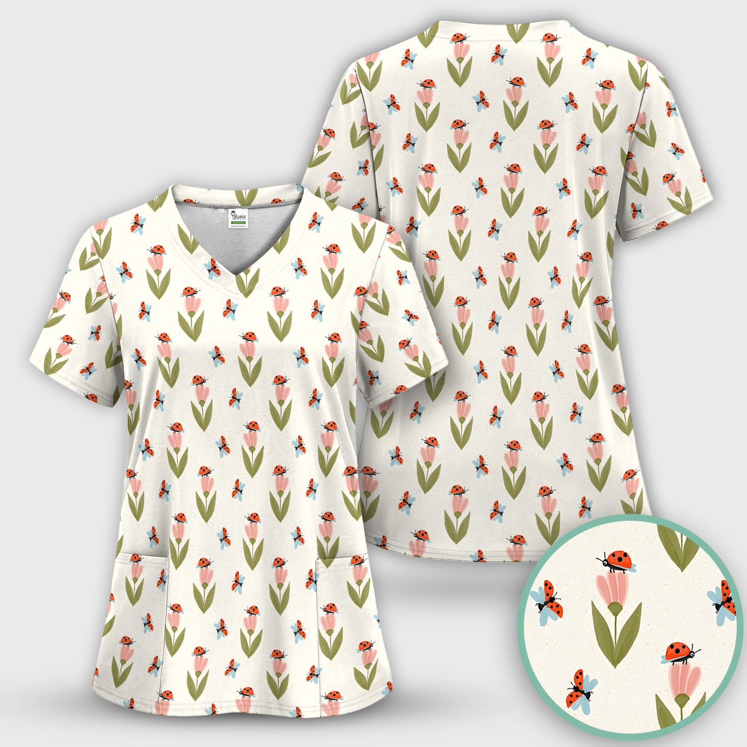 Cute Ladybug Tulip Floral Pattern Scrub Top, Comfortable Scrubs for Nurses