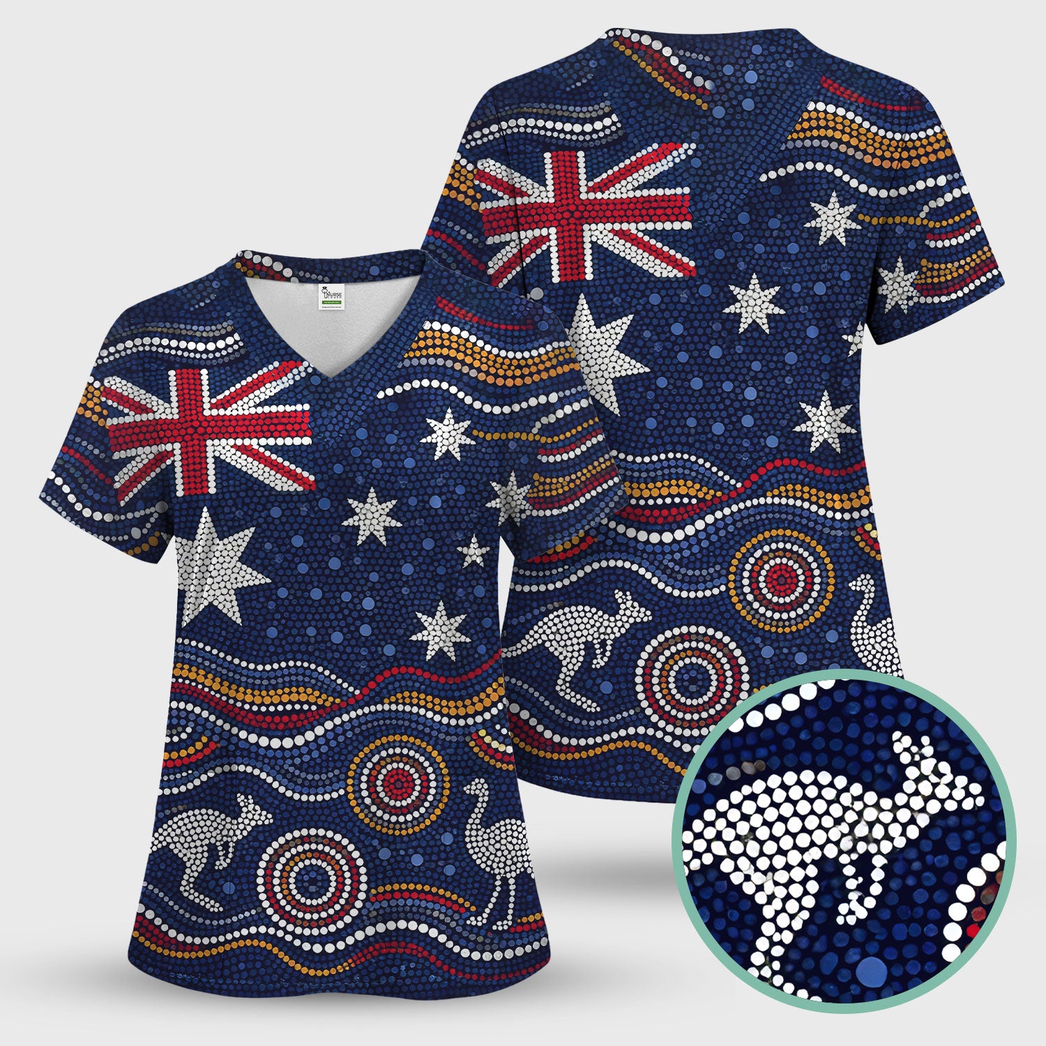 Australian Aboriginal Art Pattern Nurse Scrub Top, Kangaroo Dot Nurses Shirt For Women, Breathable Fabrics Nursing Uniform