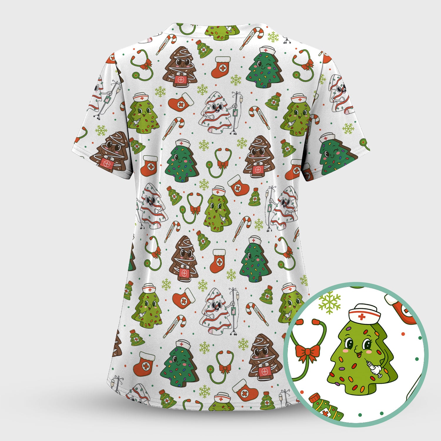 Funny Christmas Nurse Scrub Top - Adorable Tree Pattern Holiday Shirt - Cute Gift for Women RN LPN CNA