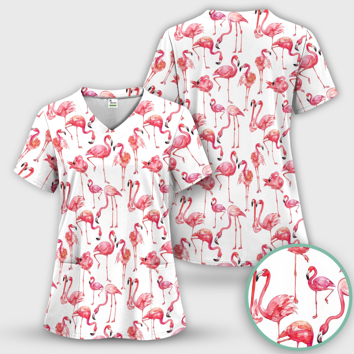 Pink Flamingo Tropical Bird Pattern Nurse Scrub Top, Comfortable Scrubs for Nurses