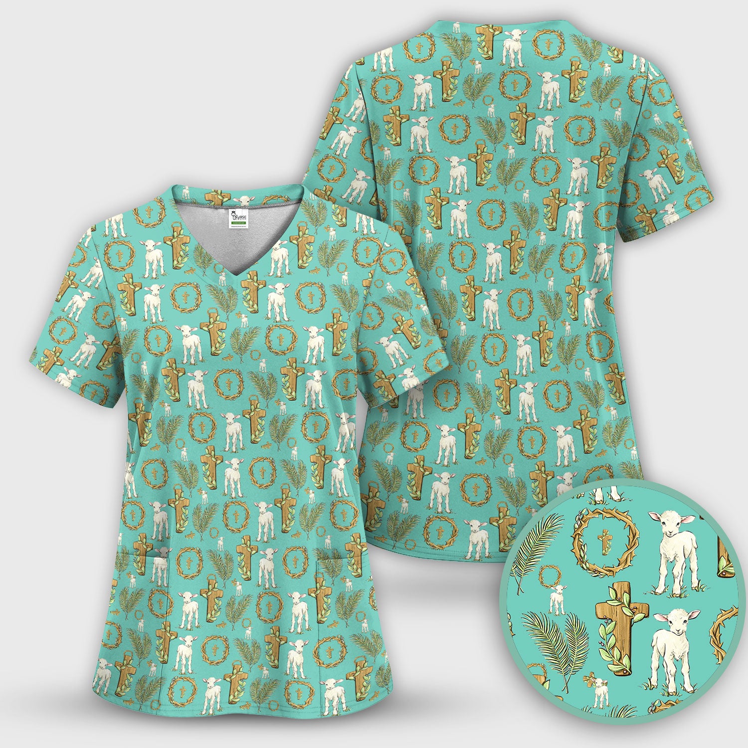 Faith Lamb Cross Pattern Scrub Top, Comfortable Scrubs for Nurses
