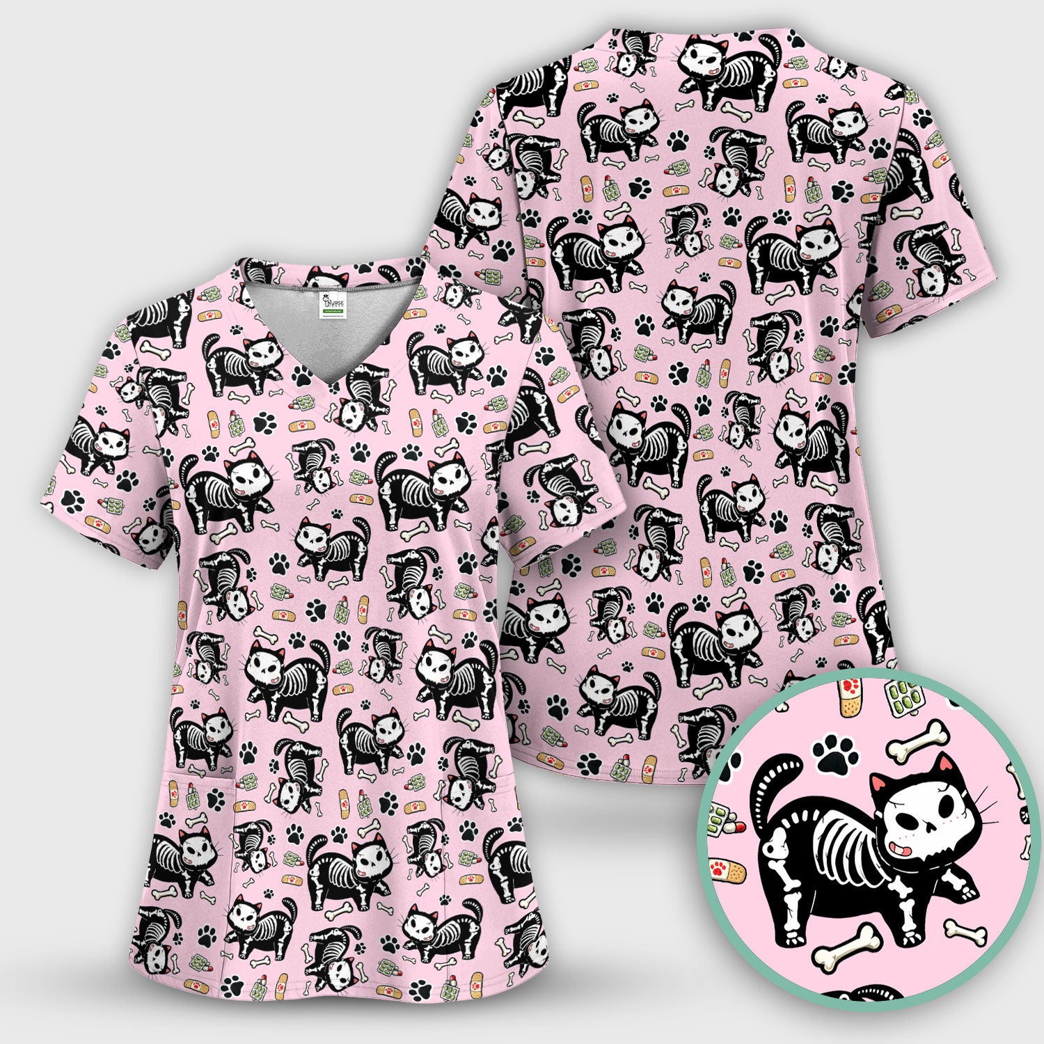 Skeleton Cat Medical Pattern Scrub Top, Comfortable Scrubs for Nurses
