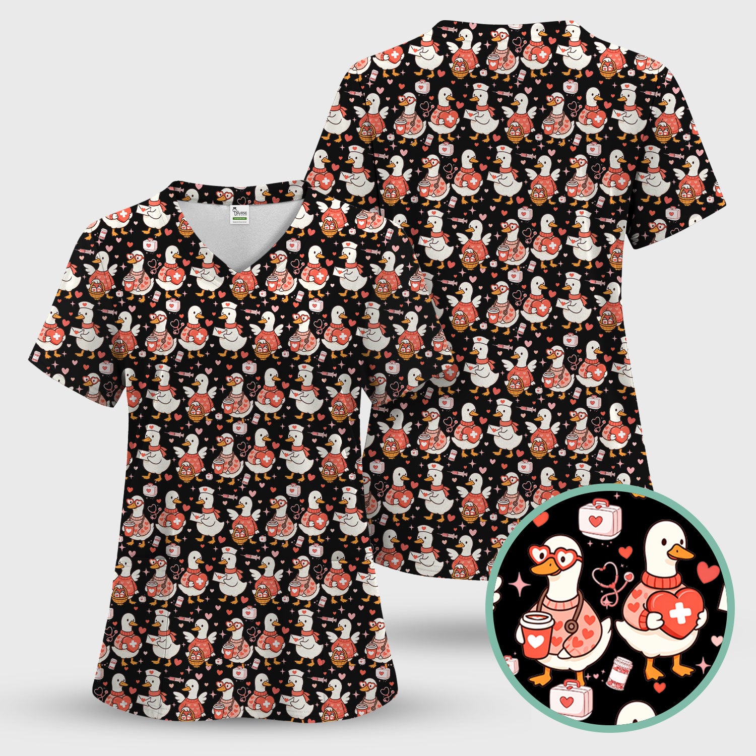 Valentine Goose Nurse Scrub Top, Heart Medical Pattern Nurse Shirt, Breathable Fabrics Nursing Uniform