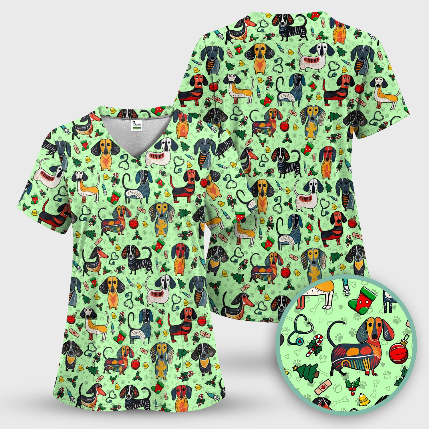 Dachshund Christmas Scrub Top - Cute Wiener Dog Nurse Uniform for Women - Holiday Medical Shirt